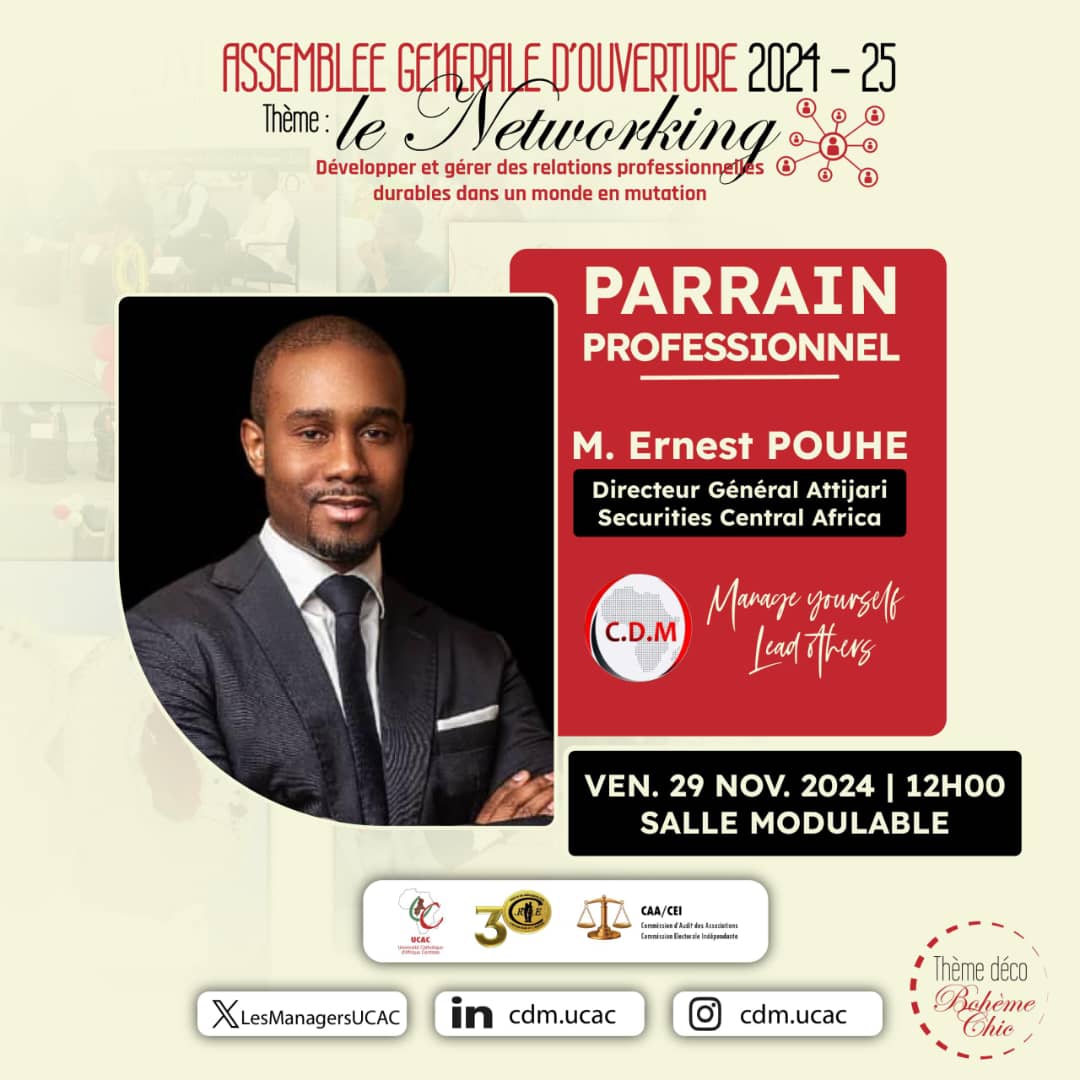 LesManagersUCAC's tweet photo. 📢 Chers étudiants, 

Ne manquez pas l'assemblée générale d'ouverture du Club des Managers ce vendredi en salle modulable ! 🎉 

Nous aurons l'honneur d'avoir Monsieur POUHE Ernest, Directeur Général d'Attijari Sécurité Central Africa (ASCA) comme parrain professionnel. ❤️🖤🤍 https://t.co/vOugypVBe7