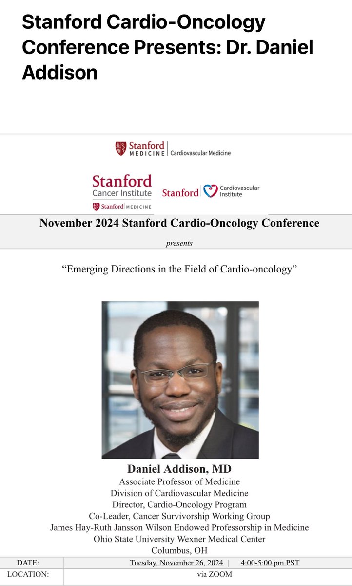 Han Zhu (@hanzhumd) on Twitter photo Excited to have <a href="/md_addison/">Daniel Addison, MD</a> come talk at our Stanford Cardio-Onc conference today at 4-5 pm PST on Zoom! See you all there! <a href="/Paul_P_Cheng/">Paul Cheng</a> <a href="/StanfordCVI/">Stanford CVI</a> <a href="/SeanM_Wu/">Sean M Wu, MD PhD</a> <a href="/Ron_Witteles/">Ronald Witteles</a> <a href="/EldrinL/">Eldrin Lewis</a> <a href="/CardioOncology/">Javid Moslehi</a> #cardioonc Excited to have <a href="/md_addison/">Daniel Addison, MD</a> come talk at our Stanford Cardio-Onc conference today at 4-5 pm PST on Zoom! See you all there! <a href="/Paul_P_Cheng/">Paul Cheng</a> <a href="/StanfordCVI/">Stanford CVI</a> <a href="/SeanM_Wu/">Sean M Wu, MD PhD</a> <a href="/Ron_Witteles/">Ronald Witteles</a> <a href="/EldrinL/">Eldrin Lewis</a> <a href="/CardioOncology/">Javid Moslehi</a> #cardioonc
