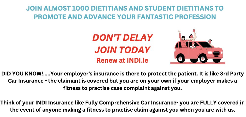 Have you renewed your INDI membership yet? Renew today at Indi.ie Our comprehensive insurance cover provides all of our full members with peace of mind for only €1 per day #FitnessToPractise Join today! We can't wait to have you onboard. #Dietitians