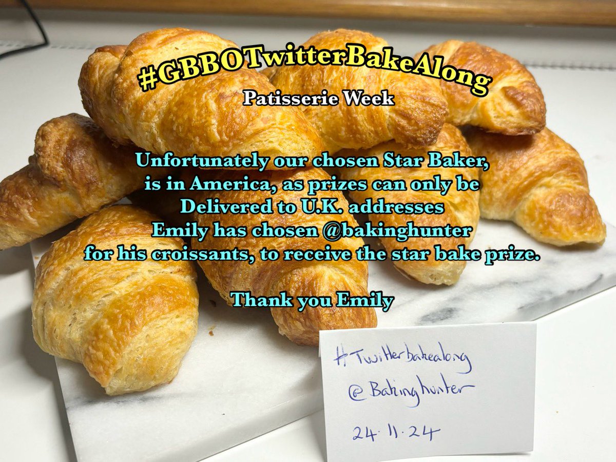 Rob_C_Allen's tweet image. #GBBOTwitterBakeAlong 👀 
Unfortunately our chosen Star Baker Emily is in USA, unfortunately we can only deliver prizes to U.K. addresses.
Emily has chosen @bakinghunter with his fantastic Croissants, to receive the prize. Thank you for your understanding @emily4621 
#StarBaker.