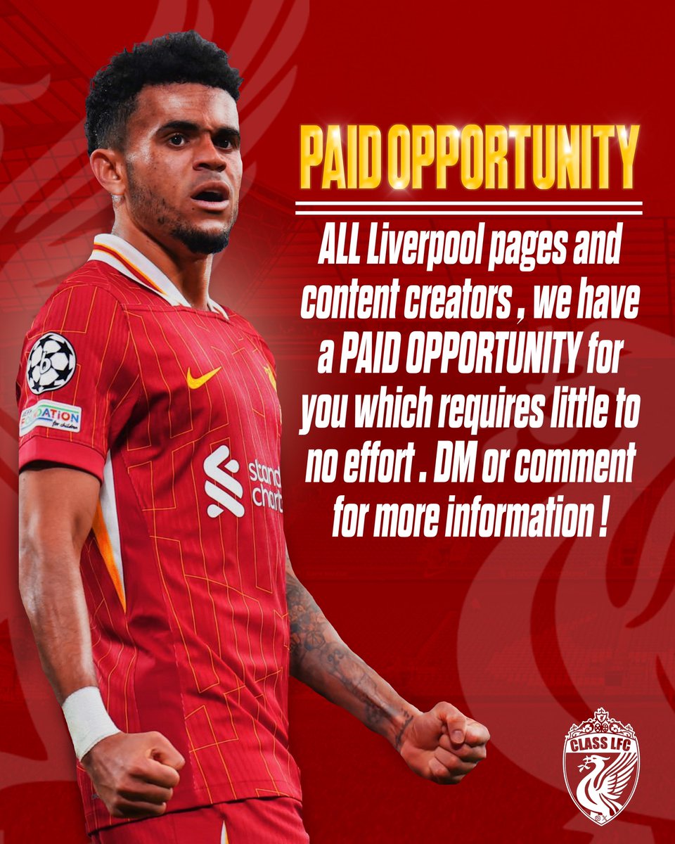 🚨 CALLING ALL LFC  FANS, ACCOUNTS AND CONTENT CREATORS 🚨

We have a paid opportunity for you. For more information please message us or reply to this tweet and we will message you. You DONT have to be an LFC page to do this but preferably a Liverpool fan. 🔴⚡️

RT &amp; Like! ❤️