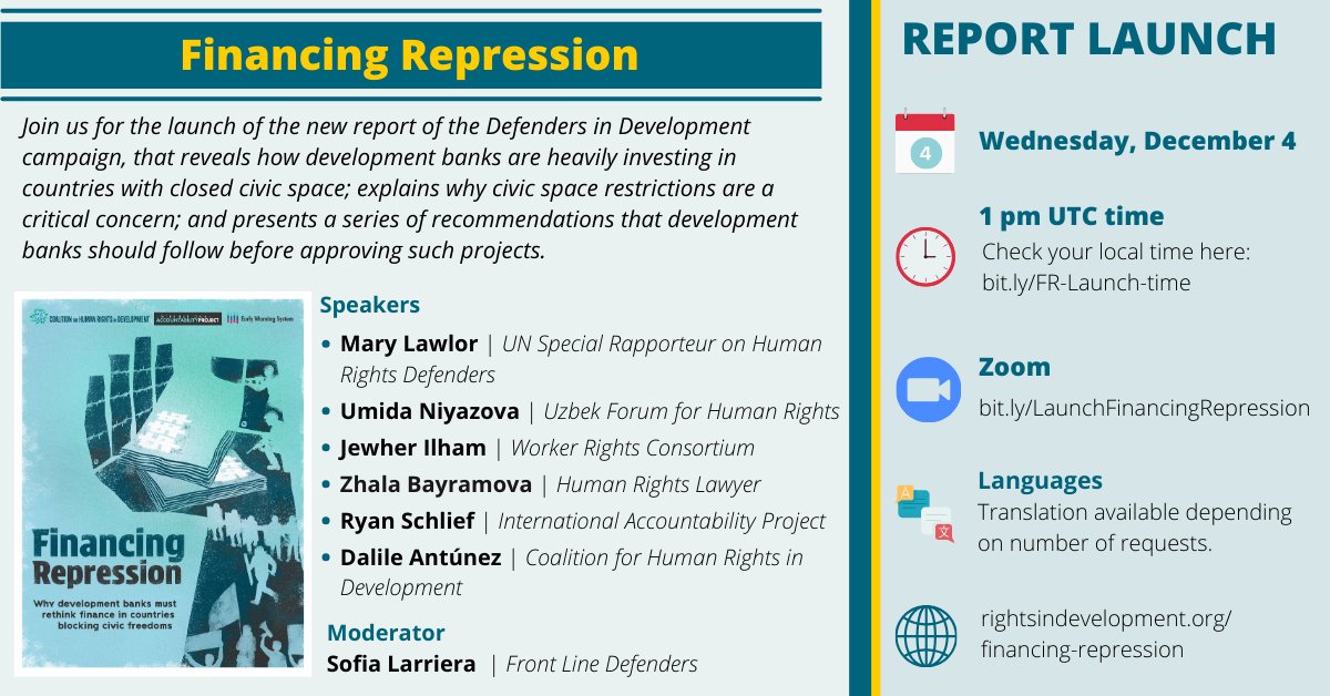 SAVE THE DATE! 
Join us next Wednesday Dec 4th for the launch of our new report Financing Repression: Why Development Banks Must Rethink Finance in Countries Blocking Civic Freedoms 

More info and registration: rightsindevelopment.org/financing-repr…

This report is a collaboration with