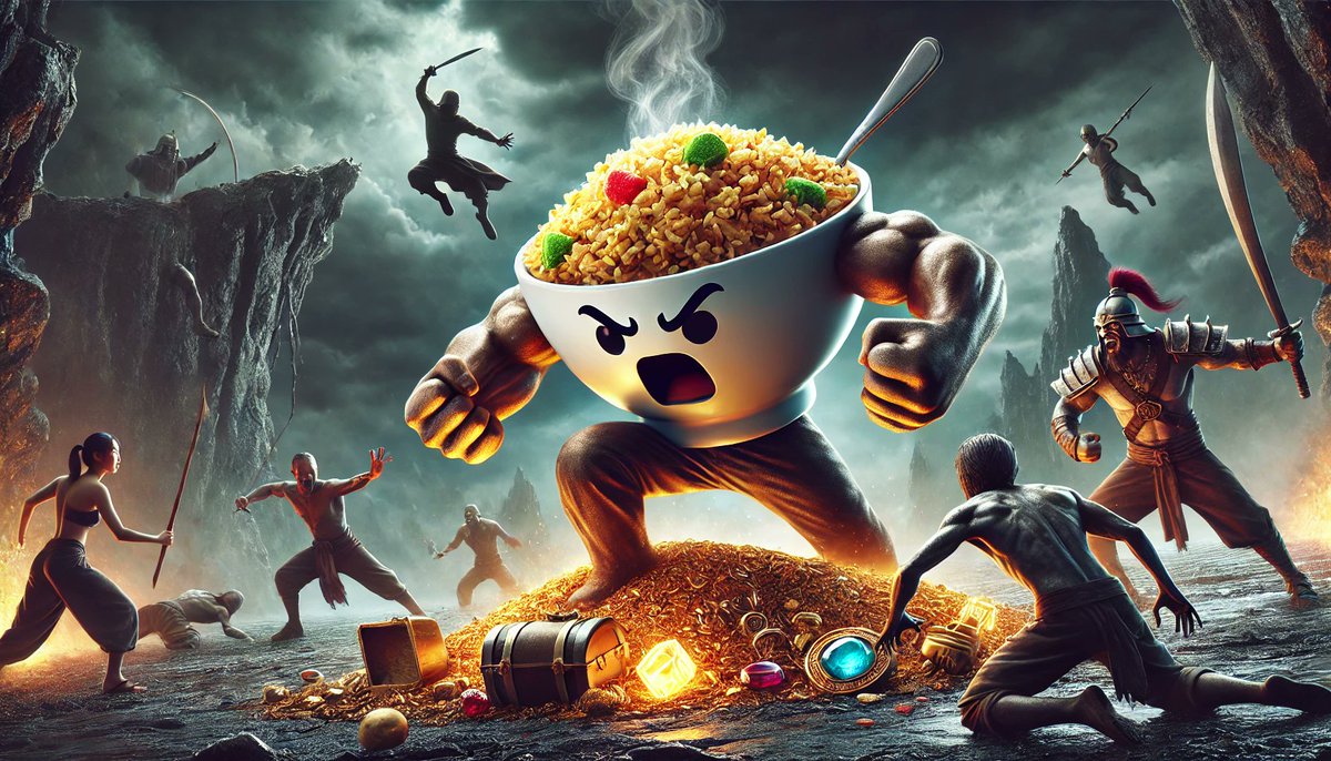 FriedRiceOnTop's tweet photo. "🍚⚔️ The Fried Rice Warrior is NOT messing around! Loot attackers beware—this bowl means business. 🌀🔥 #FriedRiceFury #DefenderOfTheLoot #EpicBattle" https://t.co/QTIaWoR6ZR