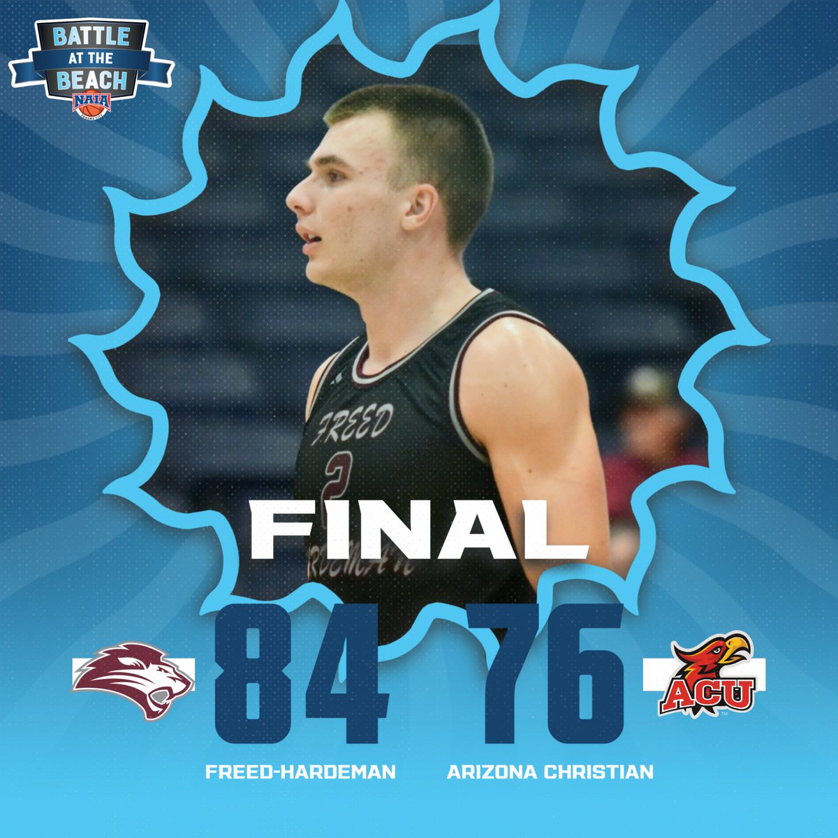 #7 Freed-Hardeman takes down #4 Arizona Christian in a top-ten face off  at the Battle of the Beach. 

Peyton Law led the Lions with 24 points while shooting 47.1% from the floor.