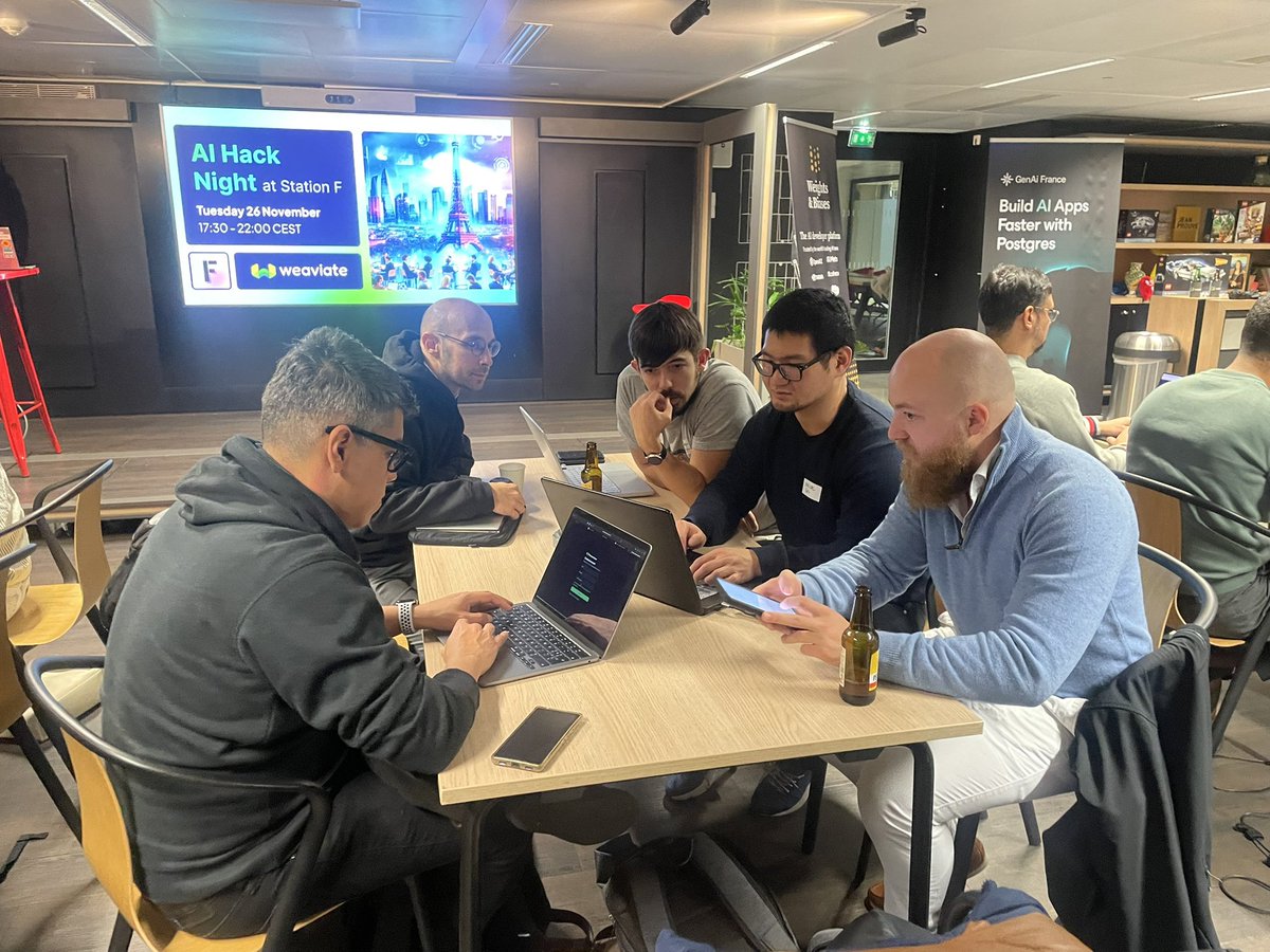AlisdairBroshar's tweet photo. AI Hack Night is kicking off at @joinstationf with @weaviate_io @gokoyeb @neondatabase @wandb @inngest ๐๐
Super excited to see what everyone builds!! ๐ฅ #hacknightparis https://t.co/5XzeEGYcWf
