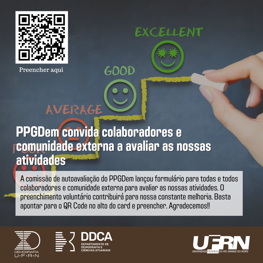 A comissão de autoavaliação do Programa de Pós-Graduação em Demografia da UFRN elaborou um questionário aberto a todos os colaboradores e comunidade externa. Trata-se de uma iniciativa para saber qual a percepção de todas e todos sobre nossas atividades.