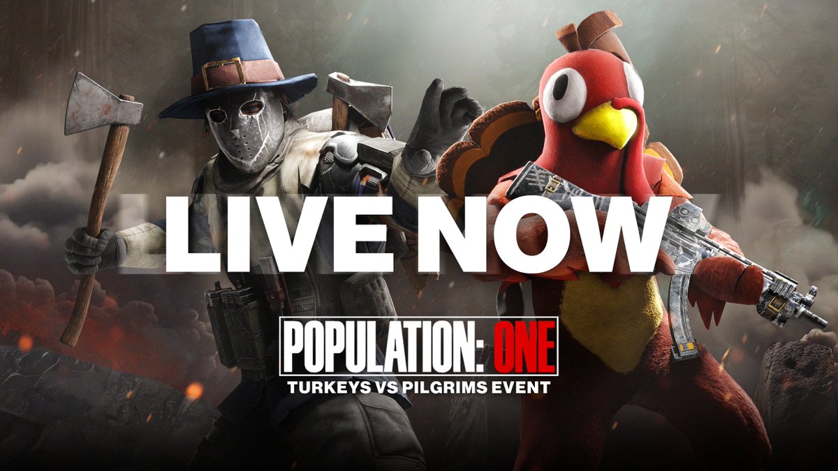 populationonevr's tweet image. POP1 Turkeys Vs Pilgrims Event IS LIVE

🔴 Participate in Battle Royale games in available main menu modes
🔴 Find Power Cores &amp;amp; Deposit at Core Converters. 
🔴 Receive 5-Star Red Weapons.
🔴 Collect NEW Event Rewards
🦃 Unique War Mode LTM

Event ends Dec. 3 @ 11am Pacific