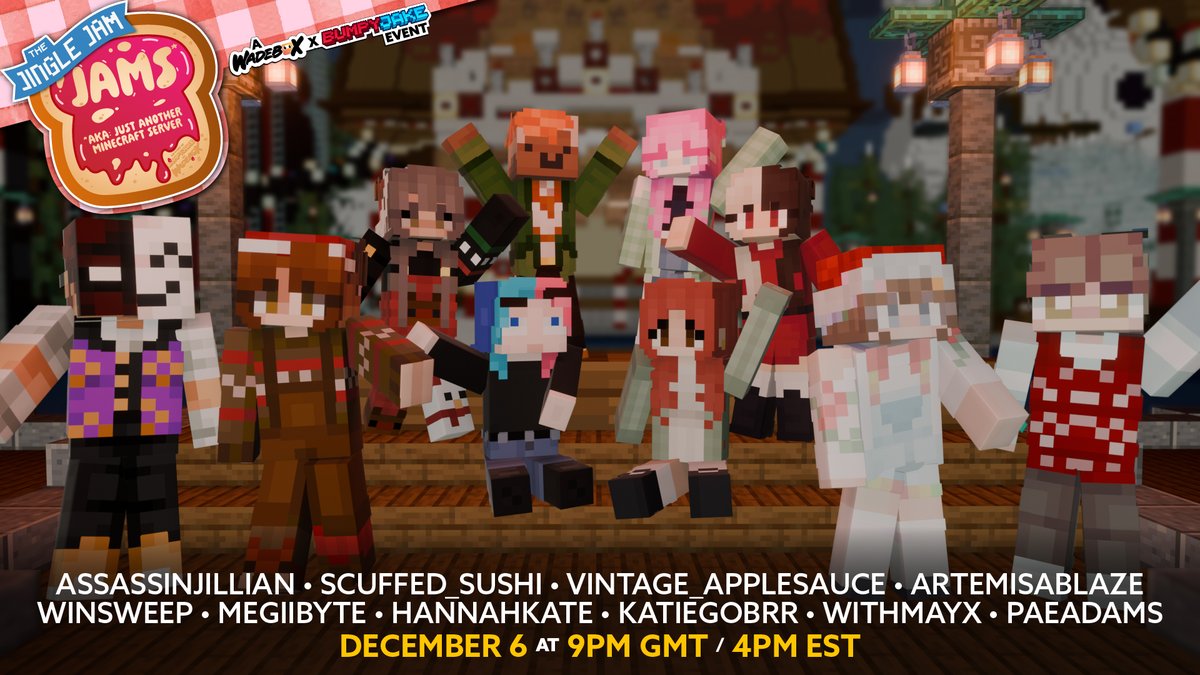 WadeBox (@wadebox) on Twitter photo ❄️ Introducing the players for JAMS! ❄️
📢 <a href="/AssassinJillian/">jillian</a> <a href="/Scuffed_sushi/">Sushi 🍣🍉</a> <a href="/vintageappless/">vintage_applesauce</a> <a href="/ArtemisAblaze_/">artemis 🏹</a>
📢 <a href="/Winsweep_/">Winsweep</a> <a href="/megiibyte/">megiibyte</a> <a href="/urfavhannahkate/">hannah kate</a> <a href="/KatieGoBrr/">KatieGoBrr 🌷</a> <a href="/WithMayX/">WithMayX</a> <a href="/Paeadams/">Pae 🤍</a>
💜 Catch their streams & donate on the 6th December at 4pm EST // 9pm GMT!! ❄️ Introducing the players for JAMS! ❄️
📢 <a href="/AssassinJillian/">jillian</a> <a href="/Scuffed_sushi/">Sushi 🍣🍉</a> <a href="/vintageappless/">vintage_applesauce</a> <a href="/ArtemisAblaze_/">artemis 🏹</a>
📢 <a href="/Winsweep_/">Winsweep</a> <a href="/megiibyte/">megiibyte</a> <a href="/urfavhannahkate/">hannah kate</a> <a href="/KatieGoBrr/">KatieGoBrr 🌷</a> <a href="/WithMayX/">WithMayX</a> <a href="/Paeadams/">Pae 🤍</a>
💜 Catch their streams & donate on the 6th December at 4pm EST // 9pm GMT!!