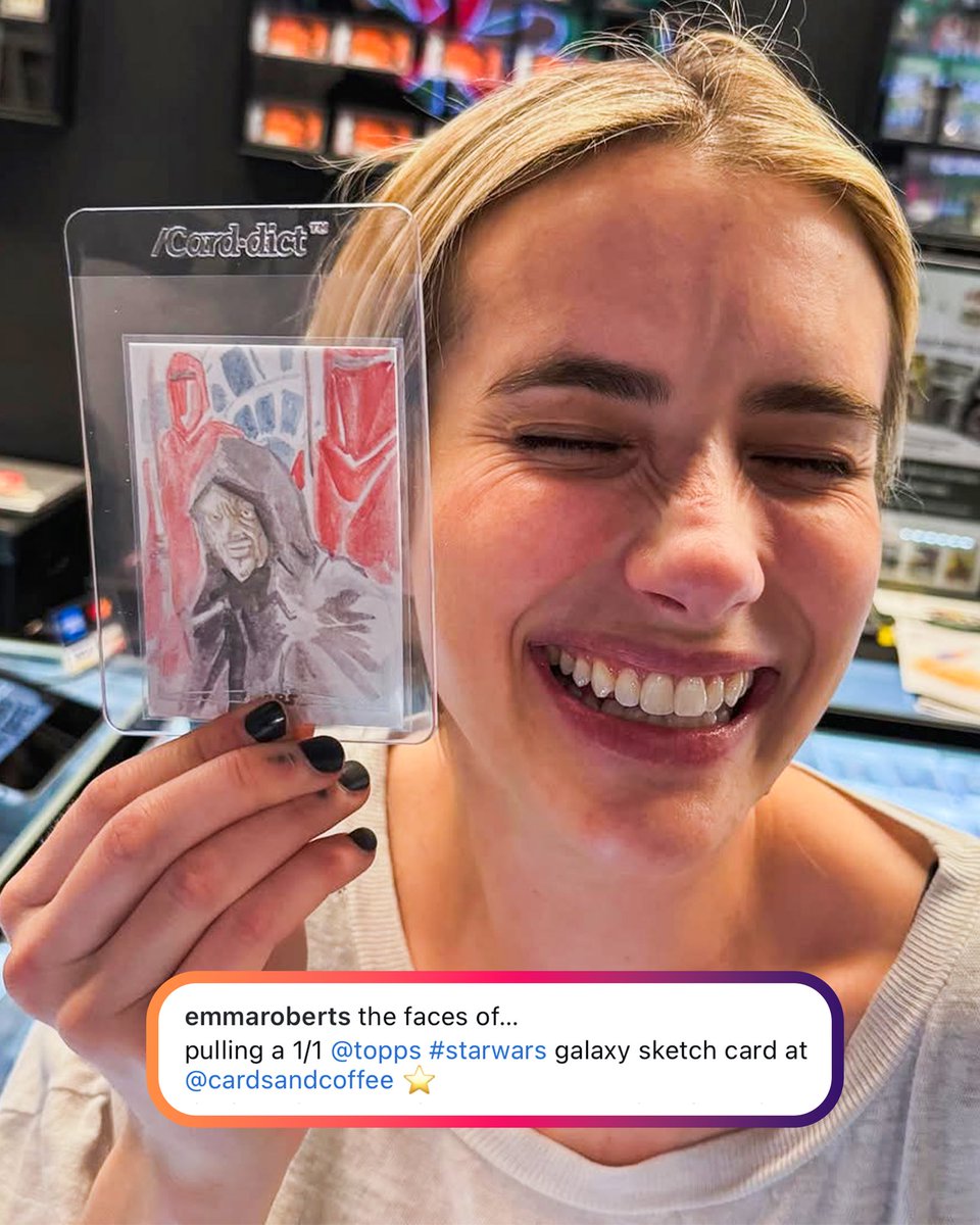 Topps's tweet photo. Pure joy. 

Actress/collector Emma Roberts pulled a 1 of 1 Star Wars card from her local hobby shop 👏 https://t.co/tqrJxkKFxP