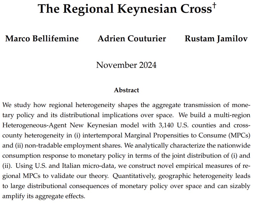🚨 paper update 🚨

𝗧𝗵𝗲 𝗥𝗲𝗴𝗶𝗼𝗻𝗮𝗹 𝗞𝗲𝘆𝗻𝗲𝘀𝗶𝗮𝗻 𝗖𝗿𝗼𝘀𝘀 - with
<a href="/m_bellifemine/">Marco Bellifemine</a> &amp; <a href="/RustamJamilov/">Rustam Jamilov</a> 

Does regional heterogeneity matter for monetary policy? We provide a theoretical, empirical &amp; quantitative investigation.

Link: dropbox.com/scl/fi/injql73…

🧵

1/11