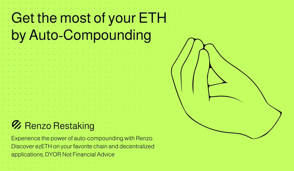RenzoFinance's tweet photo. Don't let your ETH sit idle.  Get the best risk adjusted yield with ezETH

https://t.co/Q8RAj8478y https://t.co/1bZ9ajWptu