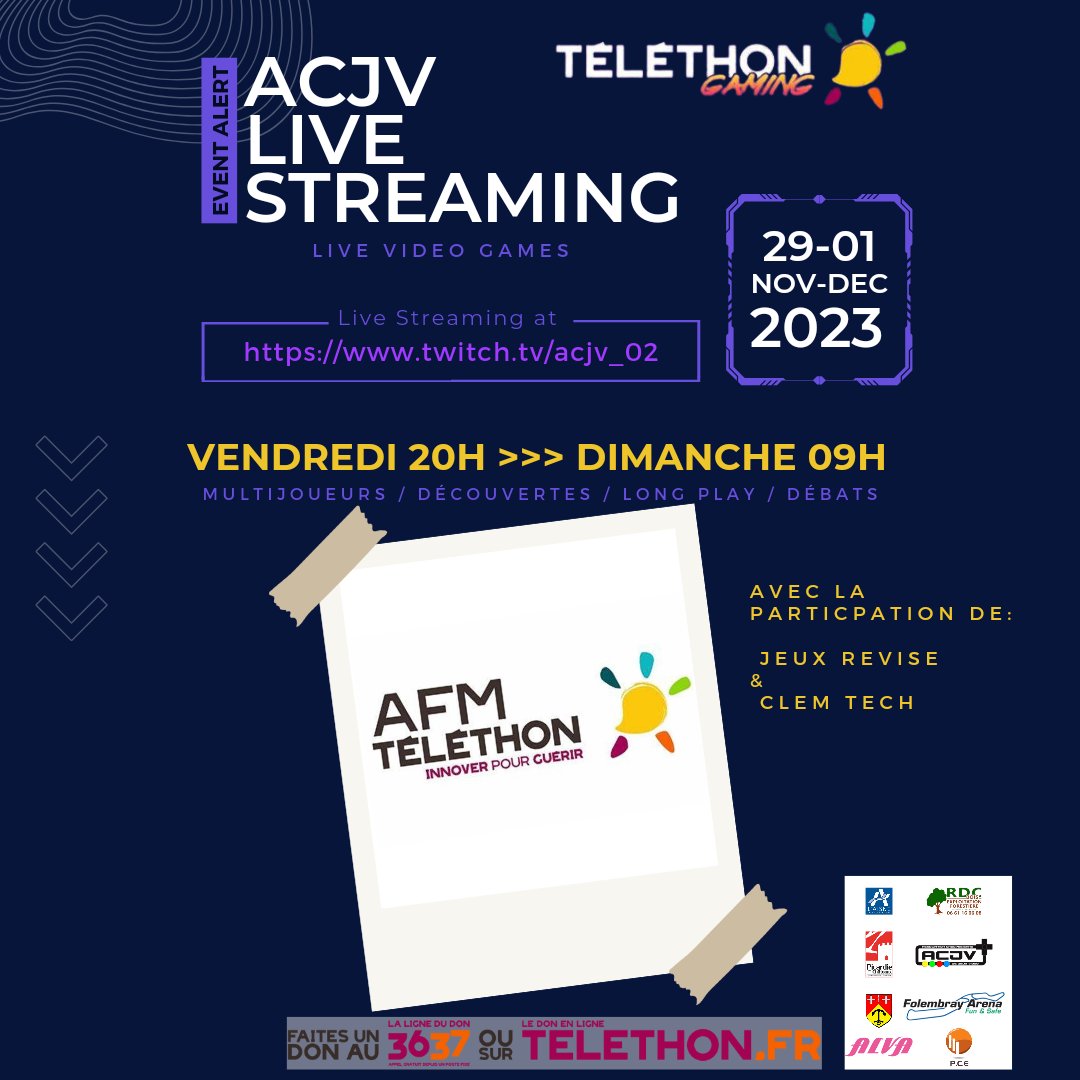 Cette année, on fête notre dixième participation au Téléthon.

Comme d'hab depuis plusieurs années maintenant, on streamera sur 36h avec @GamingTelethon et deux invités <a href="/ReviseJeux/">JEUX Révise !</a> et <a href="/clem_tech/">Clem & la Tech 🍋📱💻🎧 Trublion des internets</a> avec de nombreux jeux très variés. 
Le programme est à venir !
#telethongaming