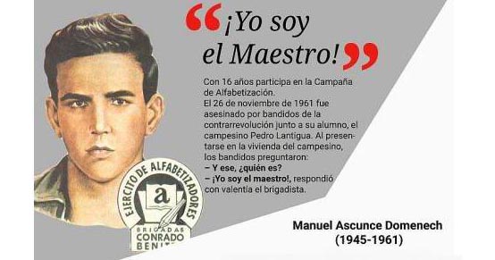 Hoy se cumplen 63 años del asesinato del joven  Manuel Ascunce Domenech y del campesino Pedro Lantigua en el Escambray; horrendo crimen perpetrado por bandidos al servicio de la CIA, los cuales no pudieron detener la histórica Campaña de Alfabetización de nuestro pueblo🇨🇺.