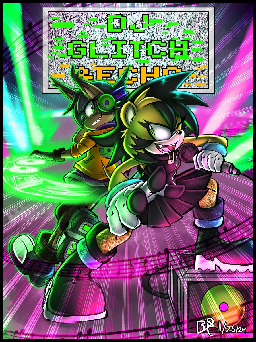 b1uewhirlwind's tweet photo. Here's how the drawing from last night's stream turned out! Presenting @RageVX 's DJ GLITCH and ECHO (Mina) in... 
A Night To Remember!!! 
Here's a link to the VOD if you wanted to check out the process! https://t.co/bVaDwkhSsh
#Sonicfanart #Archiefanart #DJGLITCH #Nicolethehololynx #Minamongoose