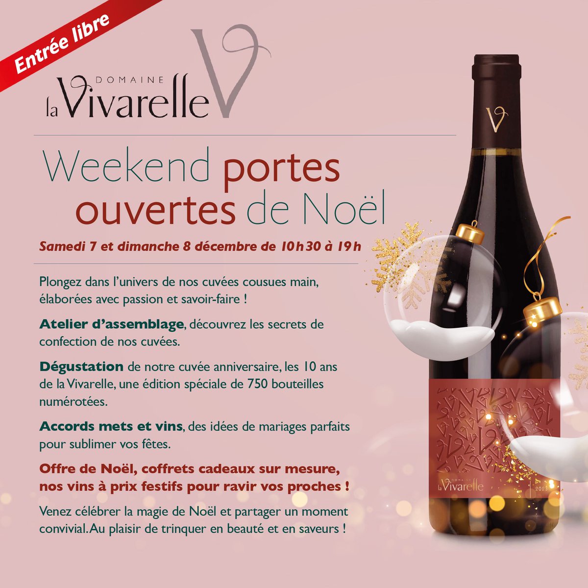 🎄Weekend portes ouvertes de Noël au Domaine la Vivarelle 🎄
Voici le programme des festivités 🎉
🍷Au plaisir de trinquer en beauté et en saveurs !