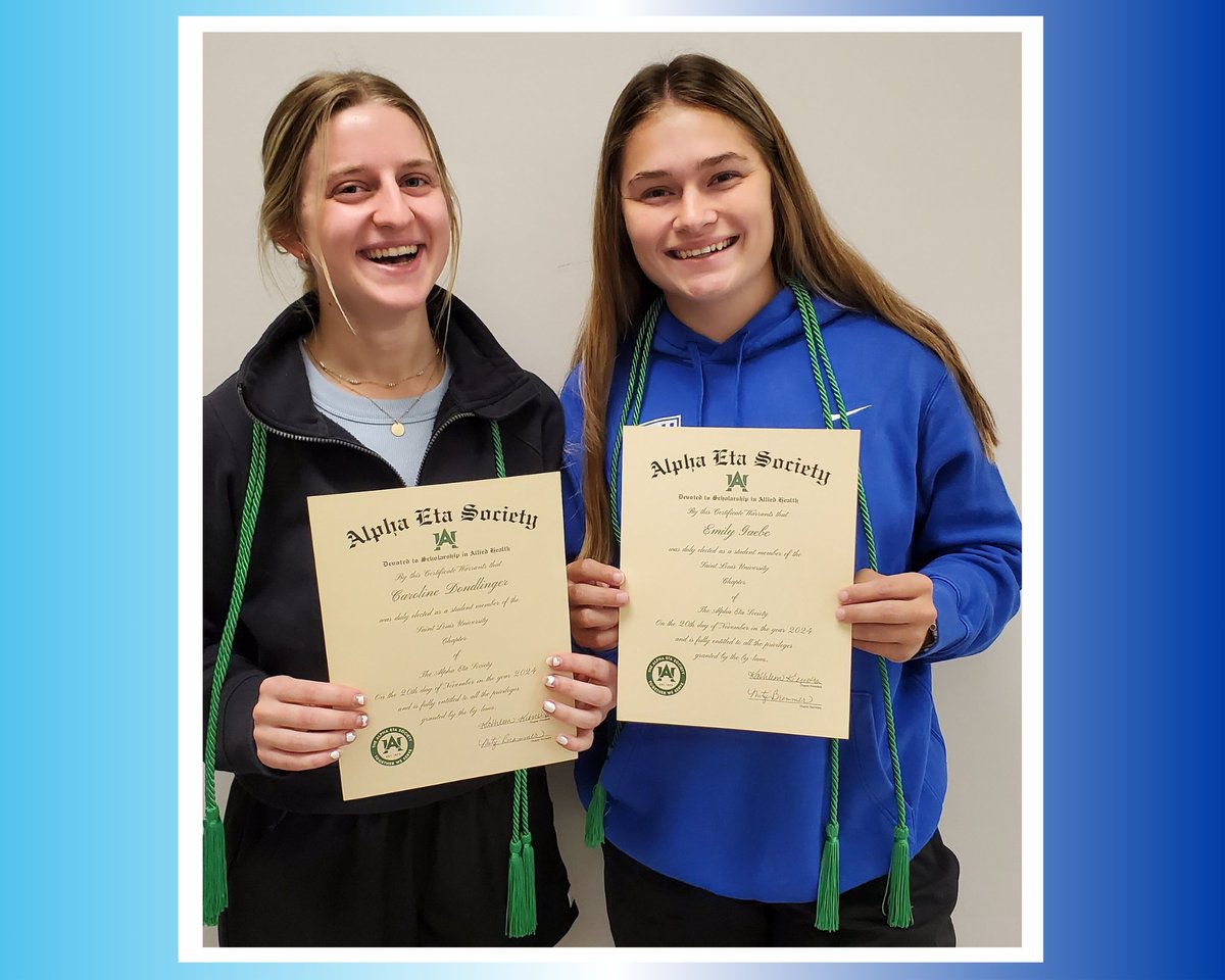 SLU_AT's tweet photo. Congrats to Caroline Dondlinger (PY1) and Emily Gaebe (PY2) on their induction to the SLU Doisy College of Health Sciences Chapter of the Alpha Eta Society! Well deserved!
#DCHSlife #SLUAT #SLATS https://t.co/W2eDrWWu8F