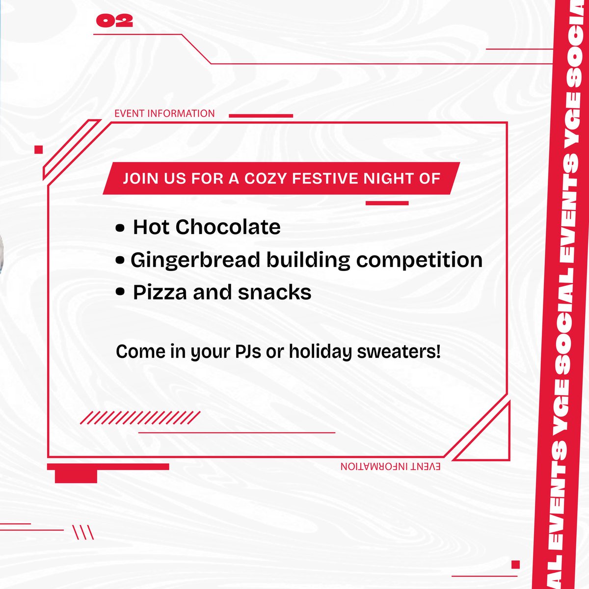 Join us this Friday for a super fun holiday event! There will be free food and hot chocolate. Also, don't forget to wear your PJ's or holiday sweaters! ☕️❄️