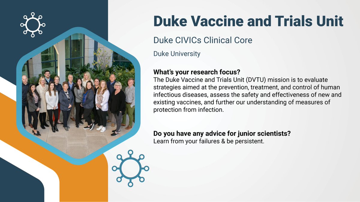 NIAID CIVICs (@niaidcivics) on Twitter photo Meet the Duke Vaccine and Trials Unit! As part of the Duke CIVICs Clinical Core, DVTU evaluates strategies aimed at the control of infectious diseases as well as the safety and effectiveness of vaccines. They encourage junior scientists to be persistent! #meetCIVICs <a href="/TheDHVI/">Duke Human Vaccine Institute</a> Meet the Duke Vaccine and Trials Unit! As part of the Duke CIVICs Clinical Core, DVTU evaluates strategies aimed at the control of infectious diseases as well as the safety and effectiveness of vaccines. They encourage junior scientists to be persistent! #meetCIVICs <a href="/TheDHVI/">Duke Human Vaccine Institute</a>