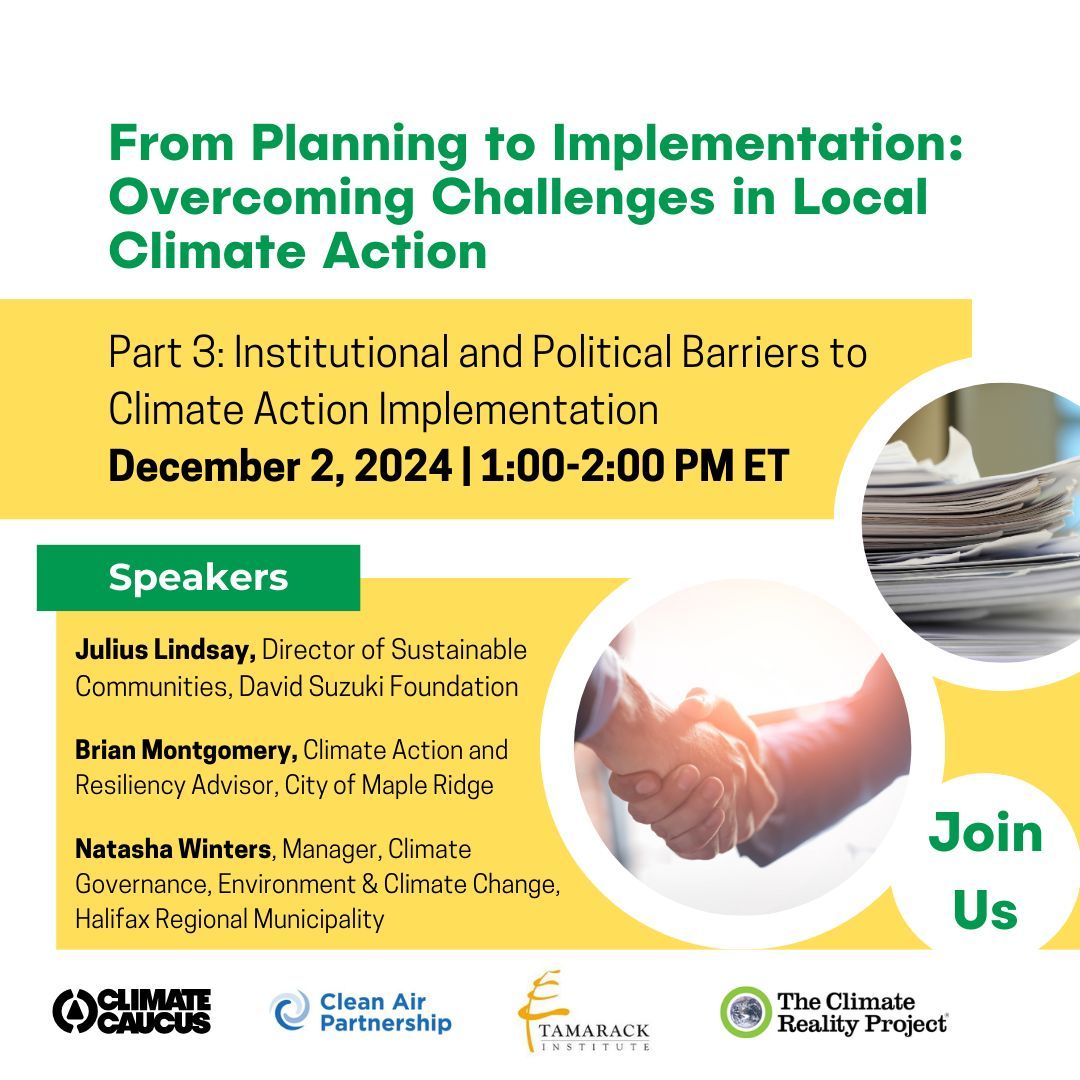 Communities operate within the broader landscape of provincial/territorial and federal governments whose support for climate action can vary greatly. Future-proofing climate action is thus essential in guarding against shifting politics. Tune in on Monday to learn more!