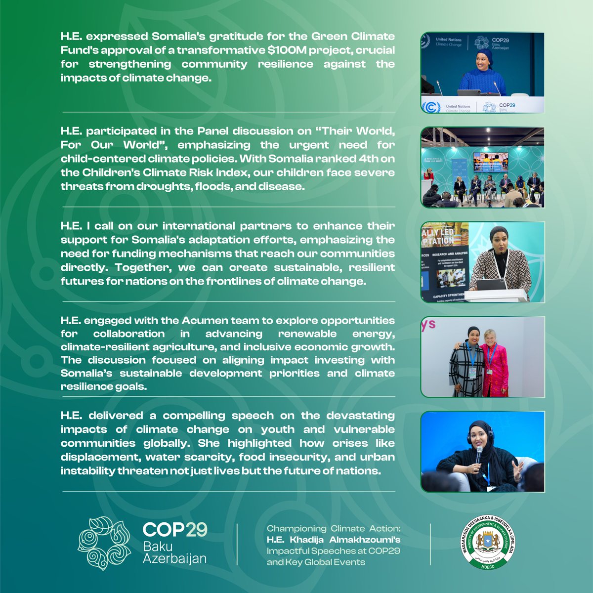 MoECC_Somalia's tweet photo. 𝐑𝐞𝐟𝐥𝐞𝐜𝐭𝐢𝐧𝐠 𝐨𝐧 #𝐂𝐎𝐏𝟐𝟗:  H.E. Amb. @KhadijaMakhzumi, led Somalia's delegation in Baku, engaging in high-level talks on global cooperation, climate early warning systems, and sustainable solutions to address climate challenges.

Her leadership underscored Somalia's dedication to resilience, innovation, and forging global partnerships for a sustainable future. 

#ClimateAction #COP29