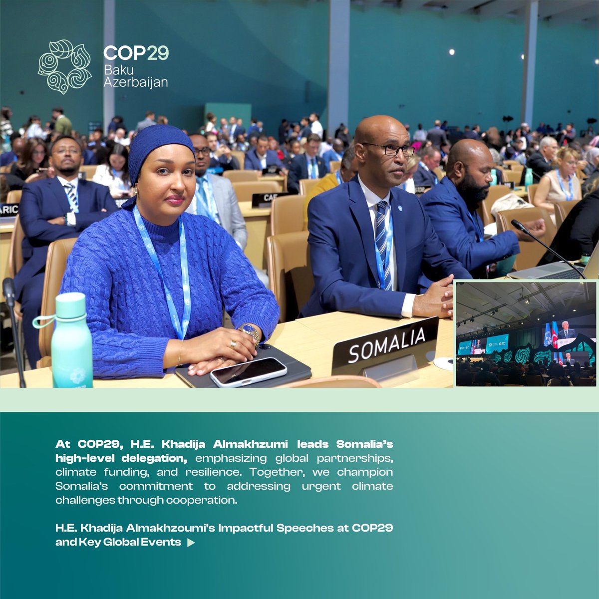 MoECC_Somalia's tweet photo. 𝐑𝐞𝐟𝐥𝐞𝐜𝐭𝐢𝐧𝐠 𝐨𝐧 #𝐂𝐎𝐏𝟐𝟗:  H.E. Amb. @KhadijaMakhzumi, led Somalia's delegation in Baku, engaging in high-level talks on global cooperation, climate early warning systems, and sustainable solutions to address climate challenges.

Her leadership underscored Somalia's dedication to resilience, innovation, and forging global partnerships for a sustainable future. 

#ClimateAction #COP29
