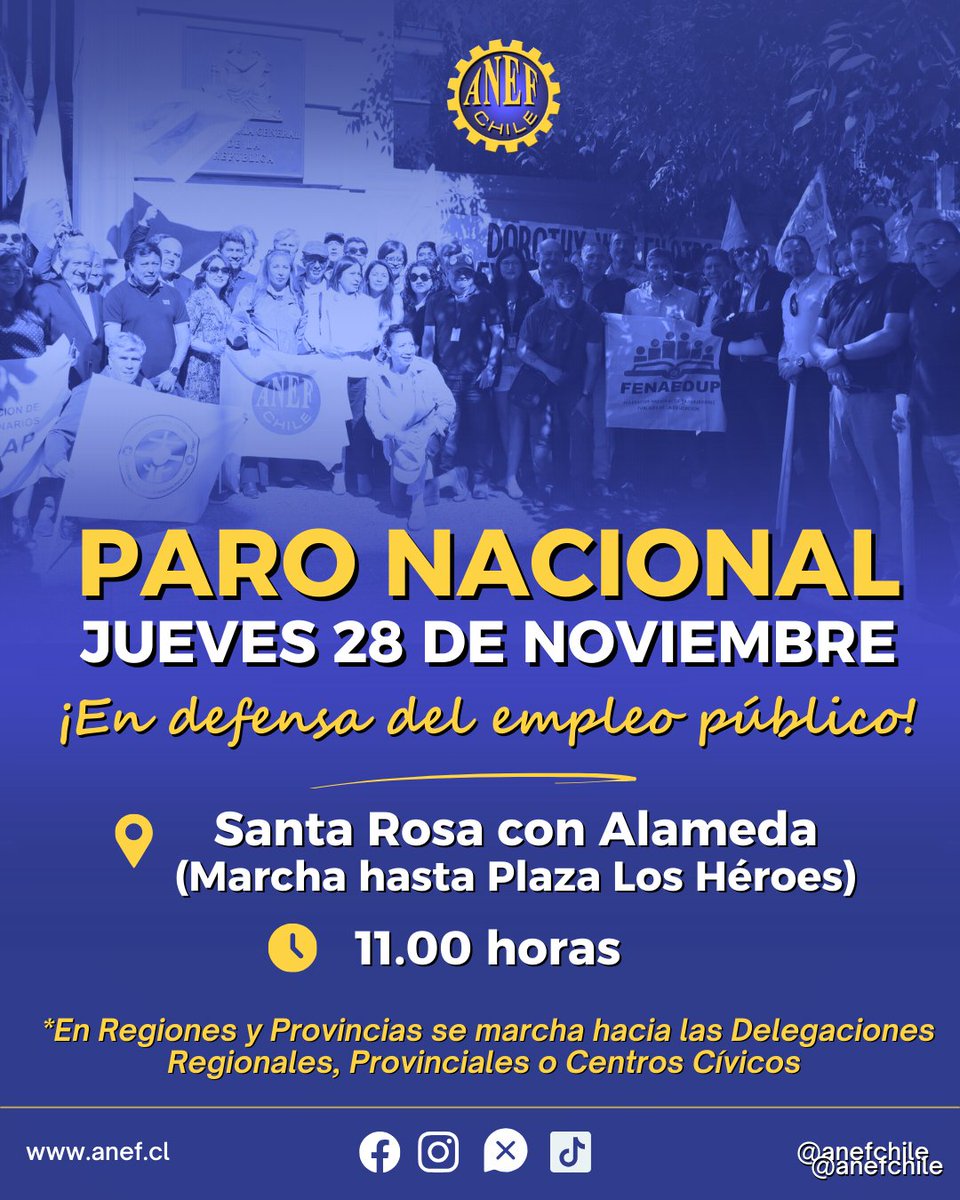 anefchile's tweet photo. 📢Jueves 28 de Noviembre: Paro Nacional en Defensa del Empleo Público

📍Marcha a las 11:00 horas desde Santa Rosa con Alameda hasta Plaza Los Héroes

#ANEF #CUT #MSPCUT #ParoNacional #DefensaEmpleoPublico https://t.co/NooWOCirsG