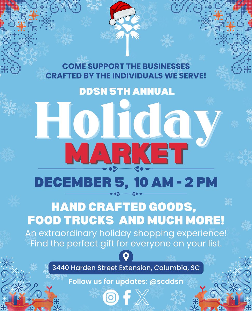 BHDDOIDD's tweet photo. Join us at the 5th Annual DDSN Holiday Market!

Dec 5, 2024 | 🕒 10 AM - 2 PM
3440 Harden St Ext, Columbia, SC

Shop handmade gifts by local entrepreneurs with disabilities &amp; special needs. Jewelry, decor, food trucks &amp; more!

#DDSNHolidayMarket #HolidayShopping #ColumbiaSC https://t.co/KqbPY1lBwP