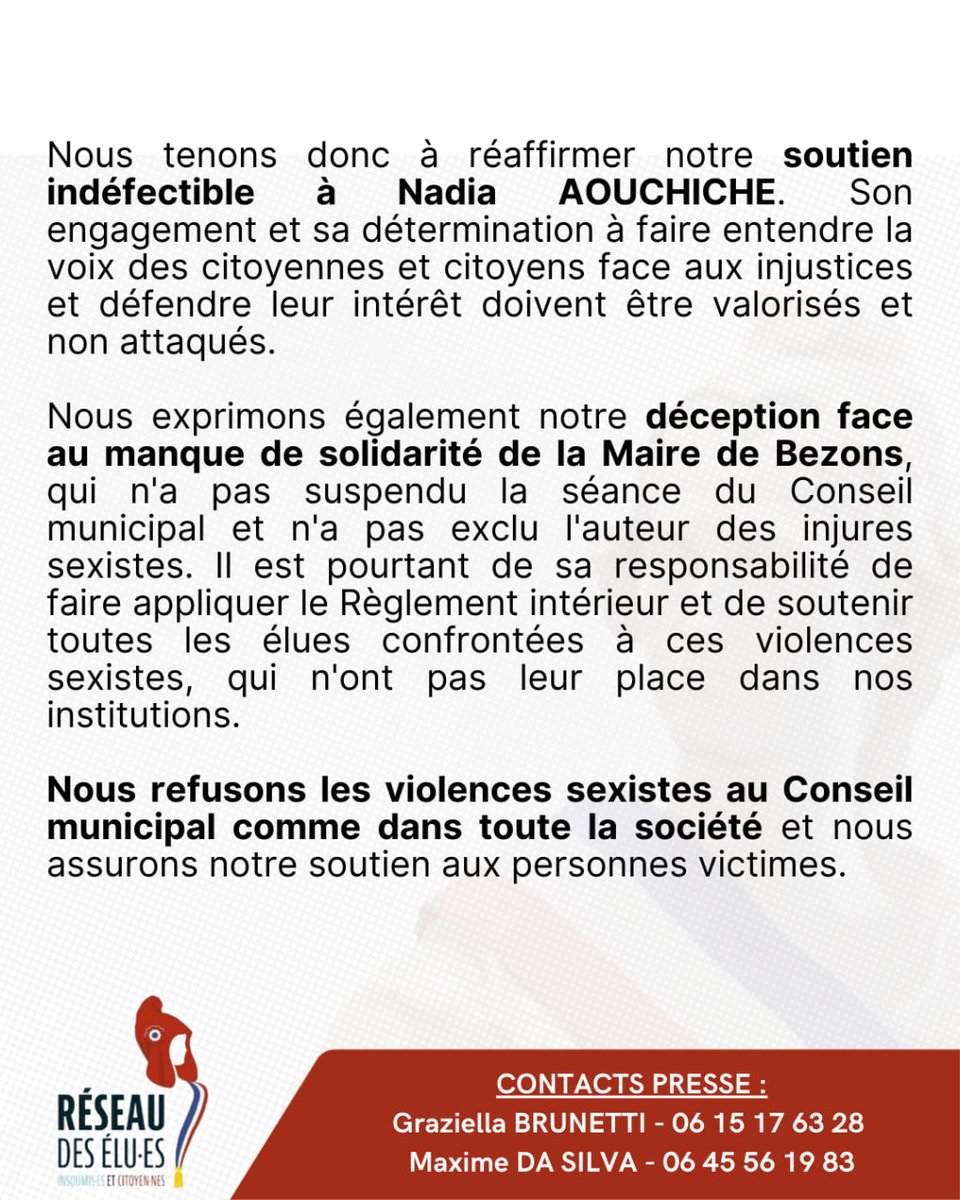 Élu•es insoumis•es et citoyen•nes (@eluslficitoyens) on Twitter photo 💬 "Salope !"
C'est ce qu'on a dit à <a href="/N_Aouchiche_/">Nadia Aouchiche</a>, membre du Conseil d'administration du Réseau national des <a href="/ElusLFICitoyens/">Élu•es insoumis•es et citoyen•nes</a> et élue LFI à Bezons en plein Conseil municipal.
Stop aux violences et injures sexistes !
Retrouvez notre communiqué ⤵️ 💬 "Salope !"
C'est ce qu'on a dit à <a href="/N_Aouchiche_/">Nadia Aouchiche</a>, membre du Conseil d'administration du Réseau national des <a href="/ElusLFICitoyens/">Élu•es insoumis•es et citoyen•nes</a> et élue LFI à Bezons en plein Conseil municipal.
Stop aux violences et injures sexistes !
Retrouvez notre communiqué ⤵️