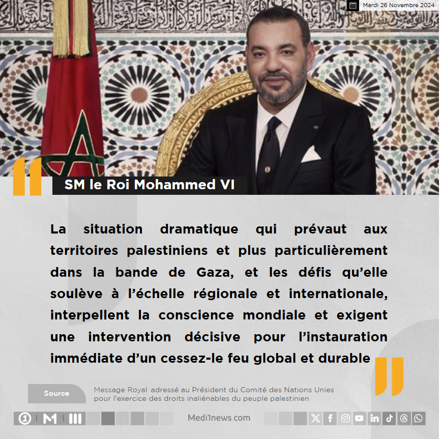 Medi1tvAfrique's tweet photo. SM le #RoiMohammedVI a adressé un message au Président du Comité des Nations Unies pour l’exercice des droits inaliénables du peuple palestinien, #CheikhNiang, à l’occasion de la Journée internationale de solidarité avec le peuple palestinien, le 26 novembre https://t.co/vJHr3Au14q