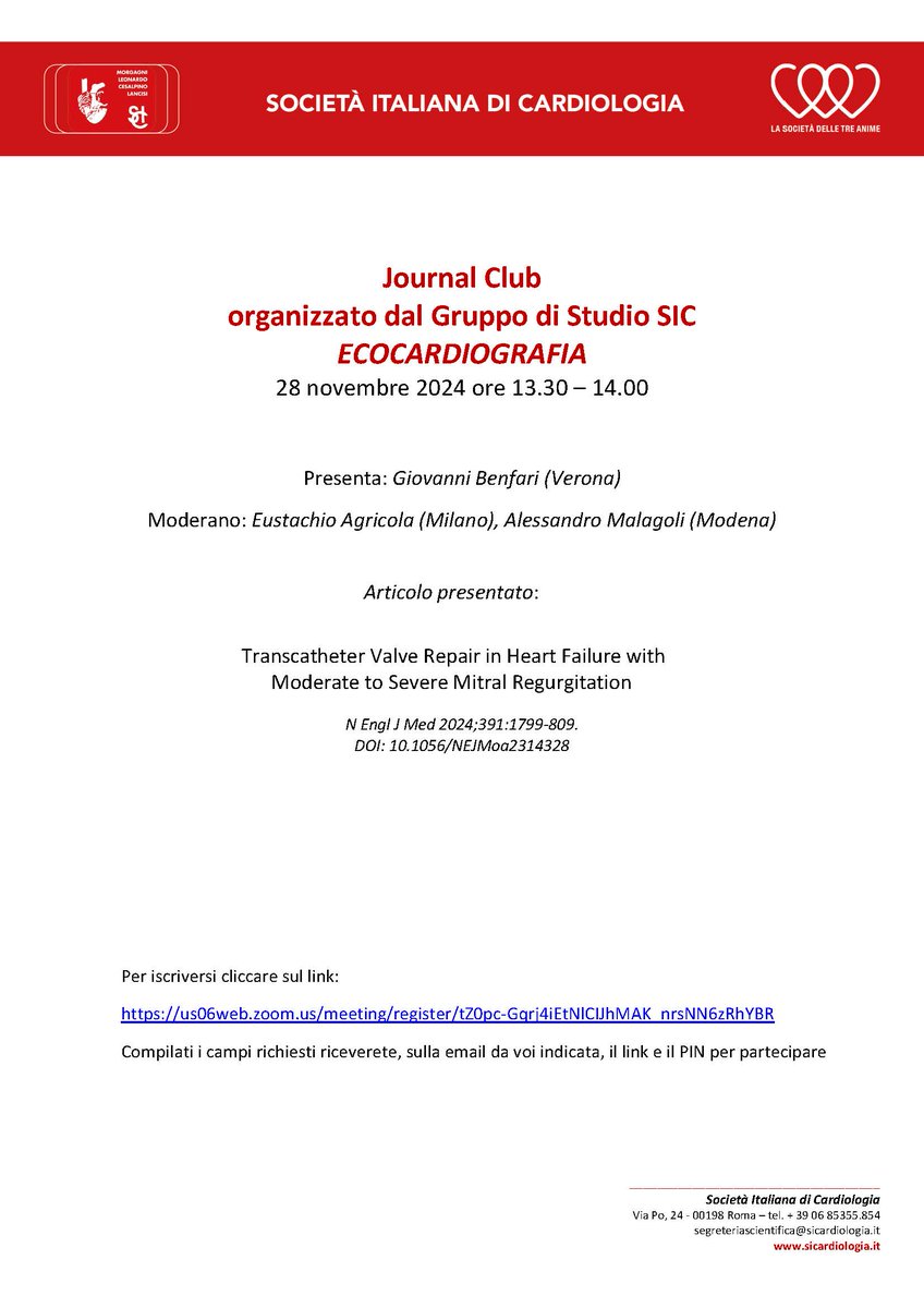 Giovedì 28 novembre 2024 dalle ore 13.30 alle ore 14.00 si terrà un incontro JOURNAL CLUB organizzato dal Gruppo di Studio Ecocardiografia.
 
Per iscriversi, cliccare sul link  us06web.zoom.us/meeting/regist…