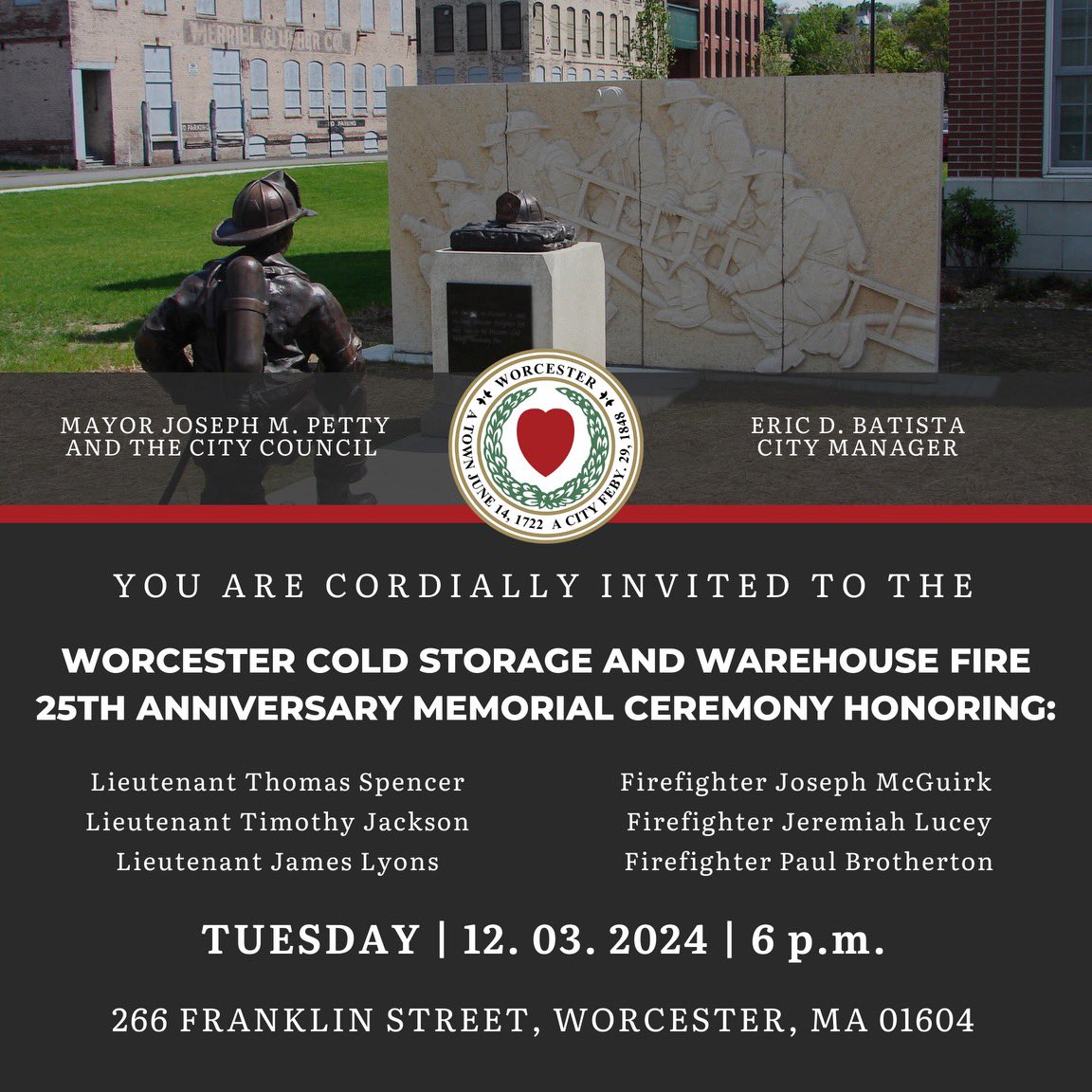 WorcesterFD's tweet photo. The City of Worcester will be holding a 25 year anniversary of the Worcester Cold Storage Warehouse fire on December 3rd, 2024. The ceremony is open to the public. https://t.co/Nt8xvE4KtP