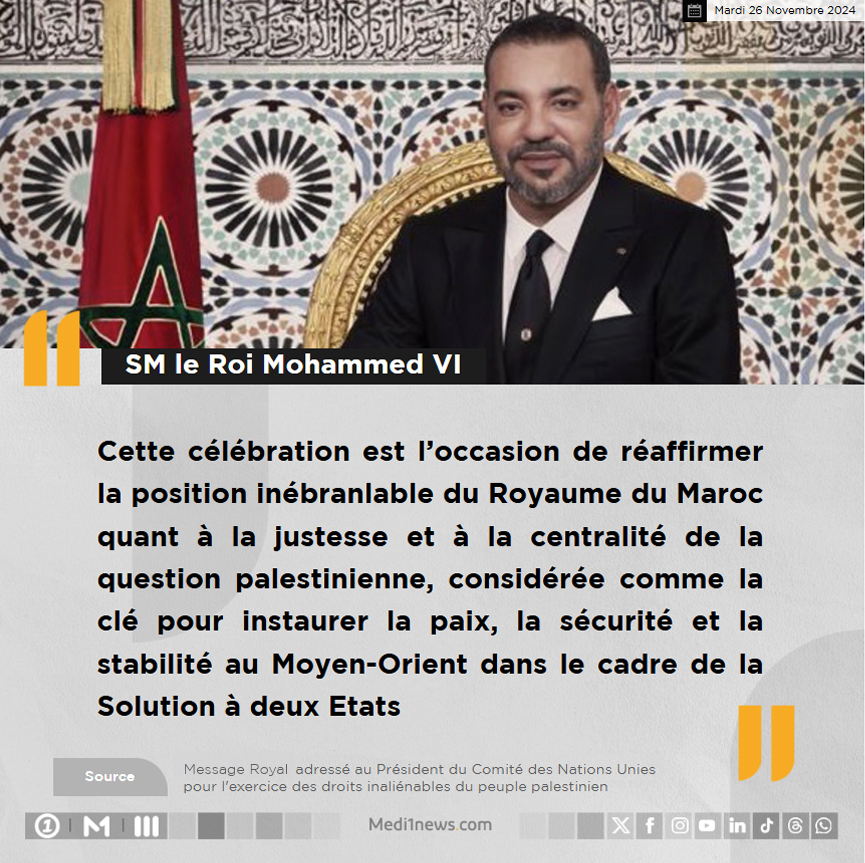 Medi1TV's tweet photo. SM le #RoiMohammedVI a adressé un message au Président du Comité des Nations Unies pour l’exercice des droits inaliénables du peuple palestinien, #CheikhNiang, à l’occasion de la Journée internationale de solidarité avec le peuple palestinien, le 26 novembre https://t.co/Noh49H0MHV