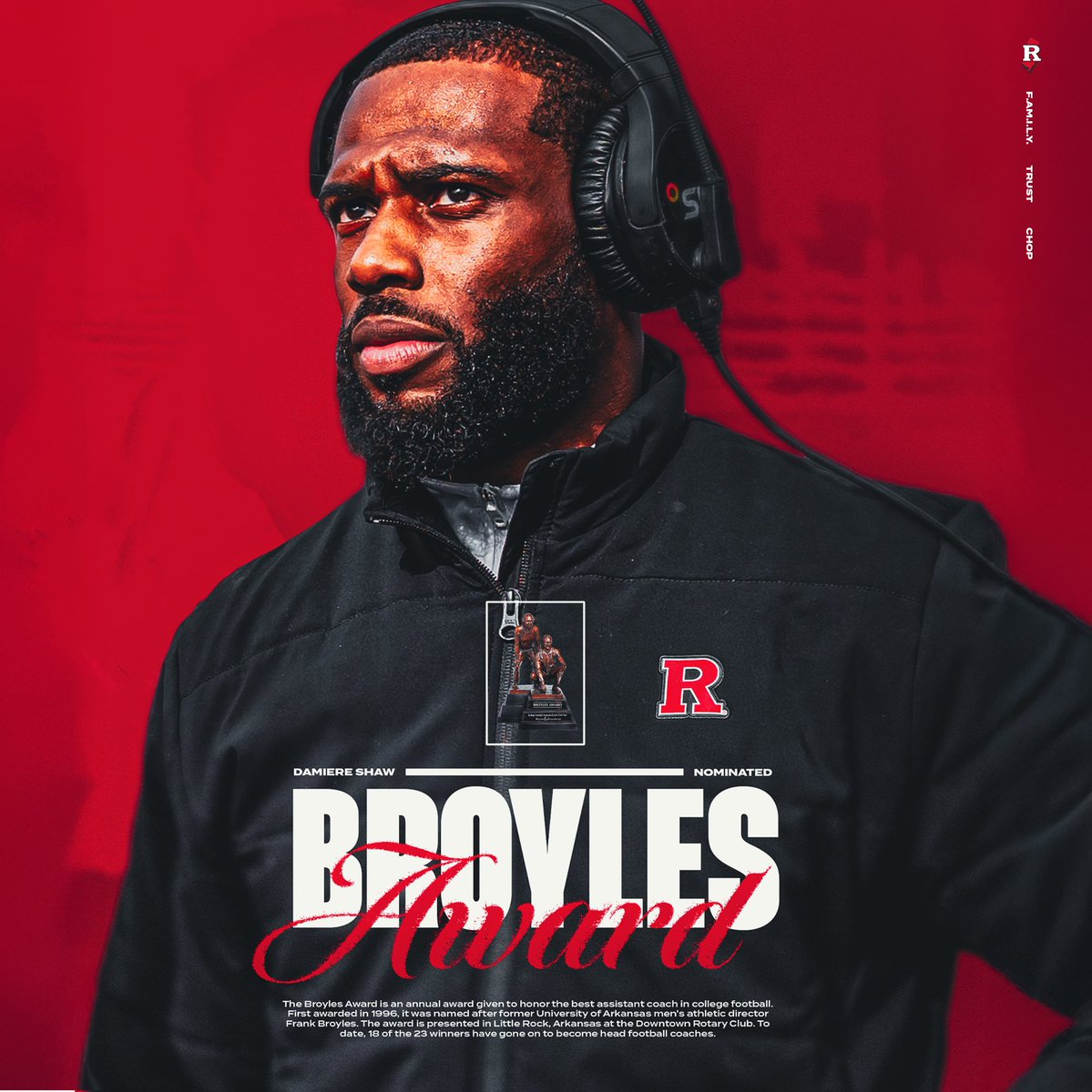 Running backs coach Damiere Shaw represents Rutgers football as a nominee for the Broyles Award!

The award honors college football's top assistant coach.

<a href="/CoachShaw__/">Damiere Shaw</a> | #CHOP