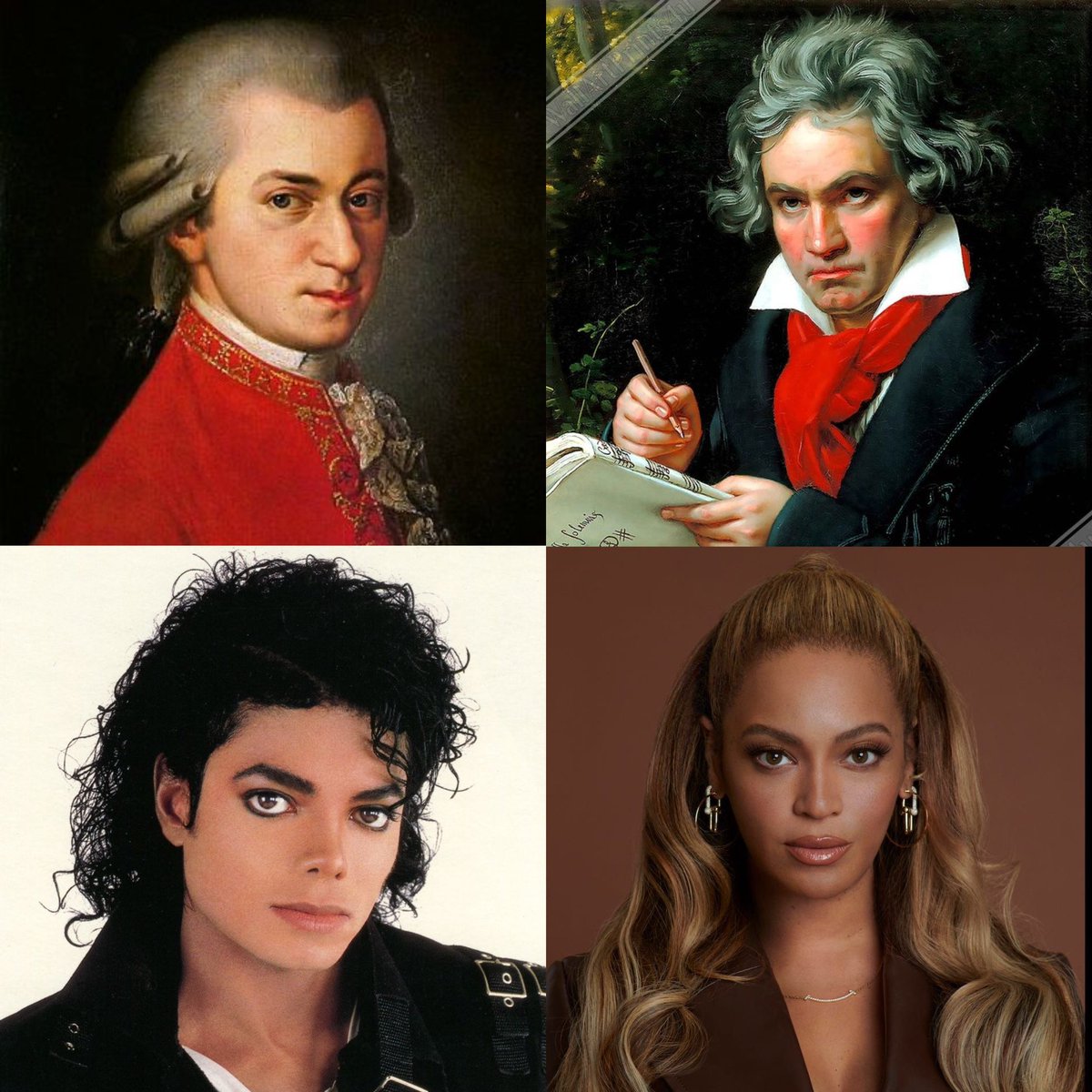THATONZI's tweet image. GREATEST Artists over the CENTURIES: 

18th Century - Mozart

19th Century - Beethoven

20th century - Michael Jackson

21st Century - Beyoncé