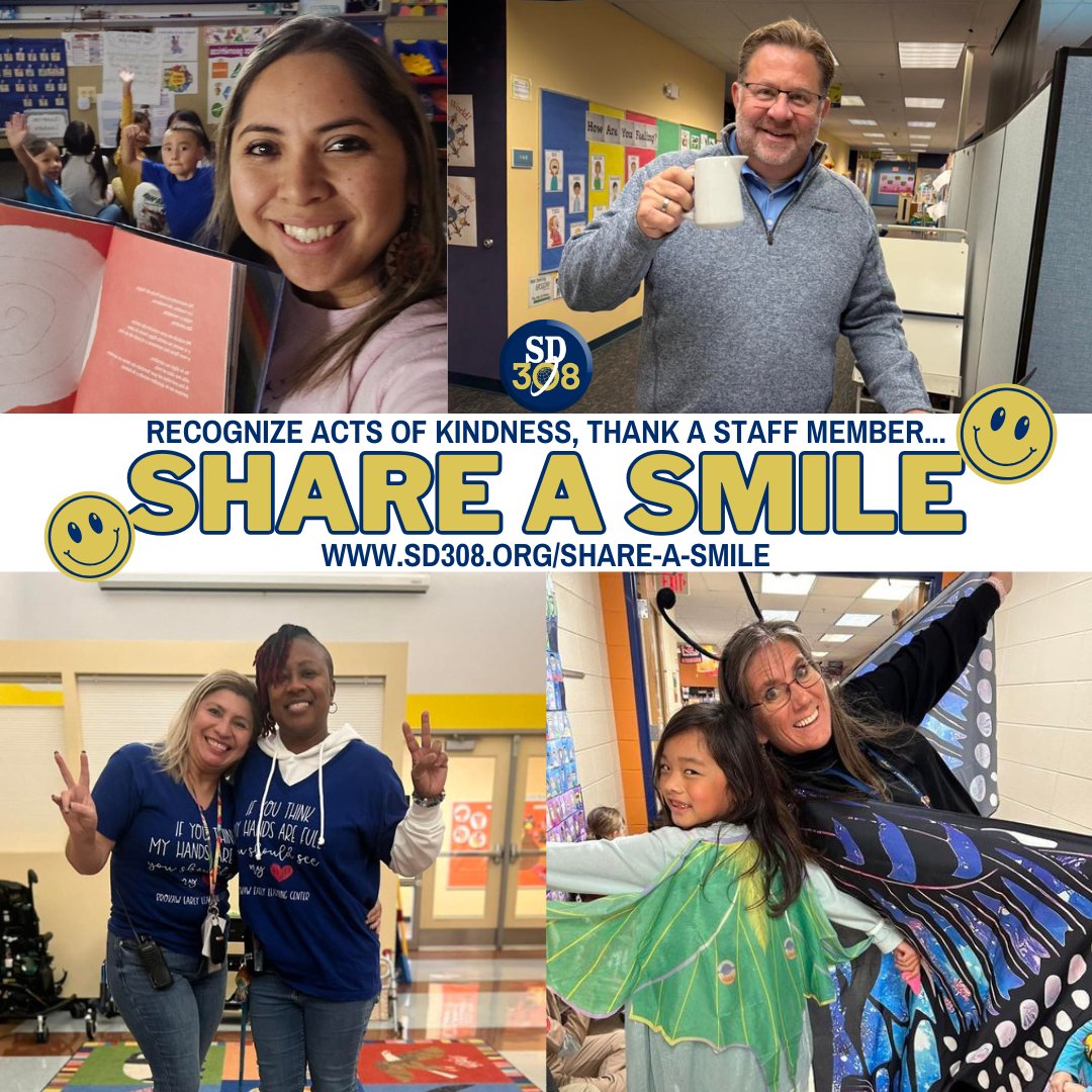 Recognize acts of kindness, thank a staff member... Share A Smile!
This program allows community members, students, and staff to recognize staff members of SD 308.
Send a quick smile - make their day!

sd308.org/share-a-smile
#SD308BetterTogether #SD308Smiles