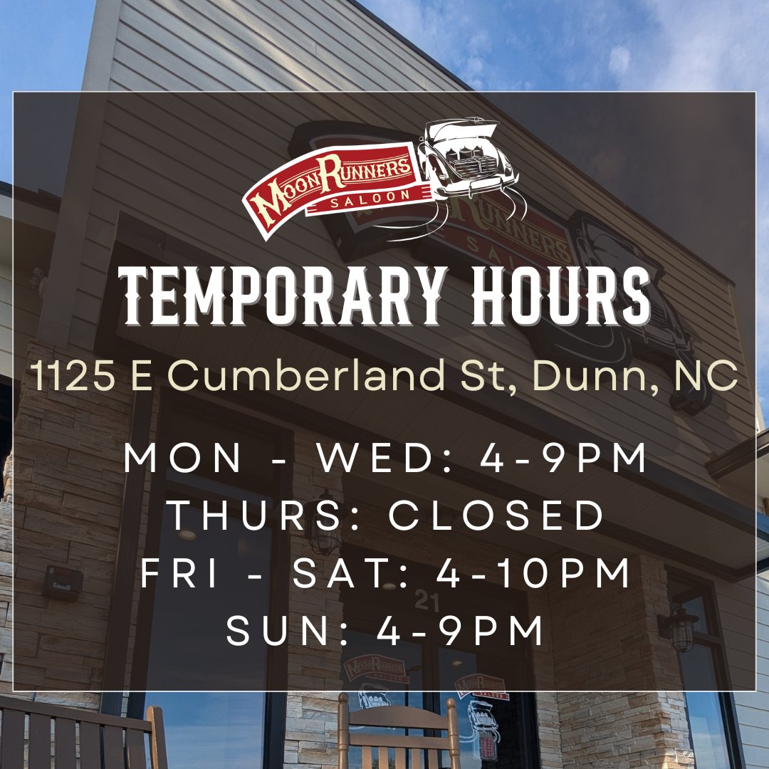 🎉 MoonRunners Dunn is Open! 🎉
📍 1125 E Cumberland St, Dunn, NC

Stop by this week to enjoy our limited menu and signature cocktails. We’re just getting started, and we can’t wait to see you!

#GrandOpening #NewRestaurant #DunnRestaurants #MoonRunners #NewEats