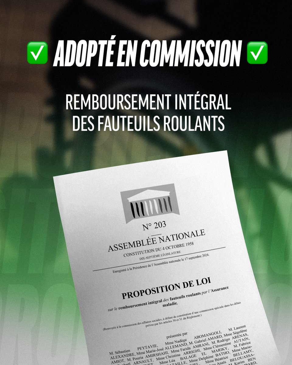 À l'unanimité, c'est adopté ! #DirectAN

Le remboursement intégral des fauteuils roulants vient d'être adopté en commission des Affaires sociales. 

Prochaine étape : l'hémicycle la semaine prochaine. 🚀