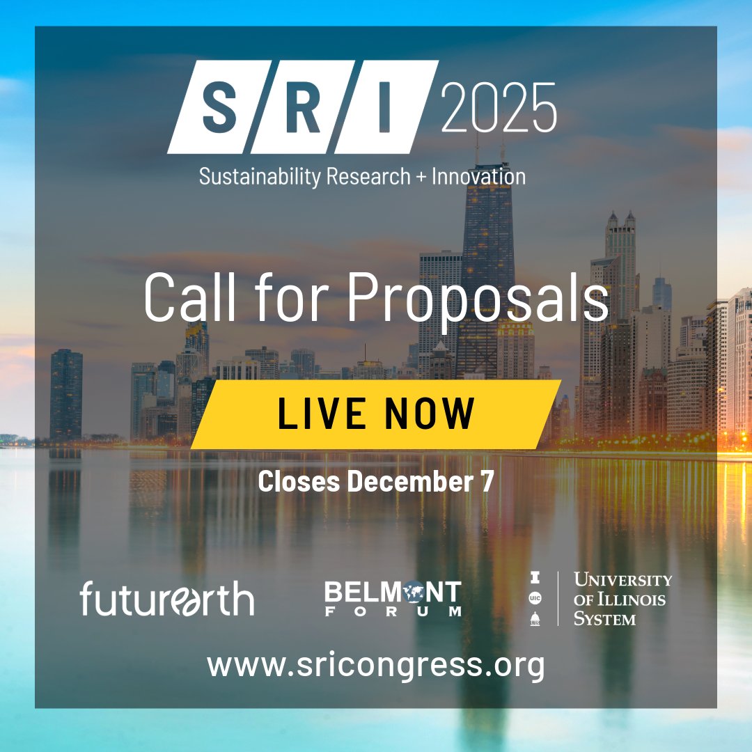 Sustainability Research & Innovation Congress (@sricongress) on Twitter photo Reminder: You have until December 7 to submit your proposal for #SRI2025.
Sessions should align with the vision of the Congress, "Pathways to #Sustainable Solutions" and/or one or more of the themes.
Learn more: sricongress.org
<a href="/FutureEarth/">Future Earth (@futureearth.bsky.social)</a> <a href="/Belmont_Forum/">Belmont Forum</a> <a href="/UofILSystem/">University of Illinois System</a> Reminder: You have until December 7 to submit your proposal for #SRI2025.
Sessions should align with the vision of the Congress, "Pathways to #Sustainable Solutions" and/or one or more of the themes.
Learn more: sricongress.org
<a href="/FutureEarth/">Future Earth (@futureearth.bsky.social)</a> <a href="/Belmont_Forum/">Belmont Forum</a> <a href="/UofILSystem/">University of Illinois System</a>