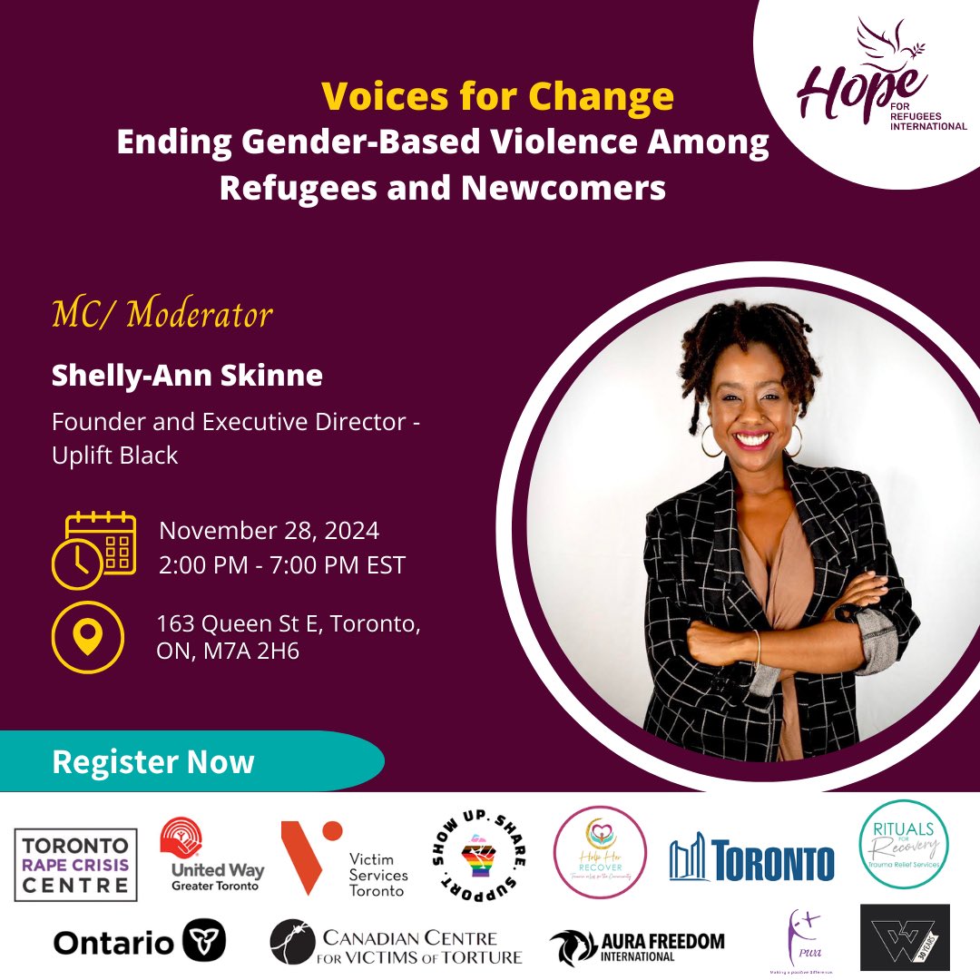 Hope for Refugees International (HRI) (@hopefulrefugees) on Twitter photo We’re excited to announce <a href="/activistshelly/">Shelly-Ann</a> as the MC/Moderator 🎤 for Voices for Change: Ending Gender-Based Violence Among Refugees and Newcomers.
Shelly is an award-winning activist & the founder of <a href="/UPliftBlackOrg/">UPlift Black</a>, dedicated to advancing equity for Black communities. We’re excited to announce <a href="/activistshelly/">Shelly-Ann</a> as the MC/Moderator 🎤 for Voices for Change: Ending Gender-Based Violence Among Refugees and Newcomers.
Shelly is an award-winning activist & the founder of <a href="/UPliftBlackOrg/">UPlift Black</a>, dedicated to advancing equity for Black communities.