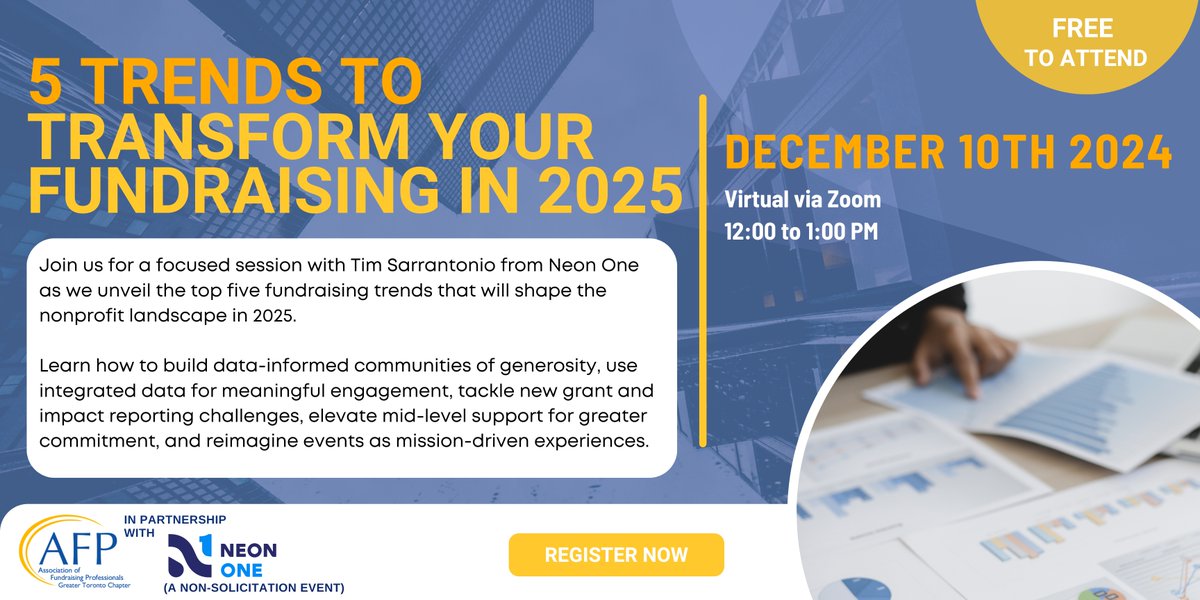 afptoronto's tweet photo. We're excited to announce our upcoming virtual session, "5 Trends to Transform Your Fundraising in 2025", in partnership with Neon One.

We hope to see you there on December 10th, 2024.

Registration is free and now open:

https://t.co/388cNZAdSX https://t.co/PoPQgYi3Hj
