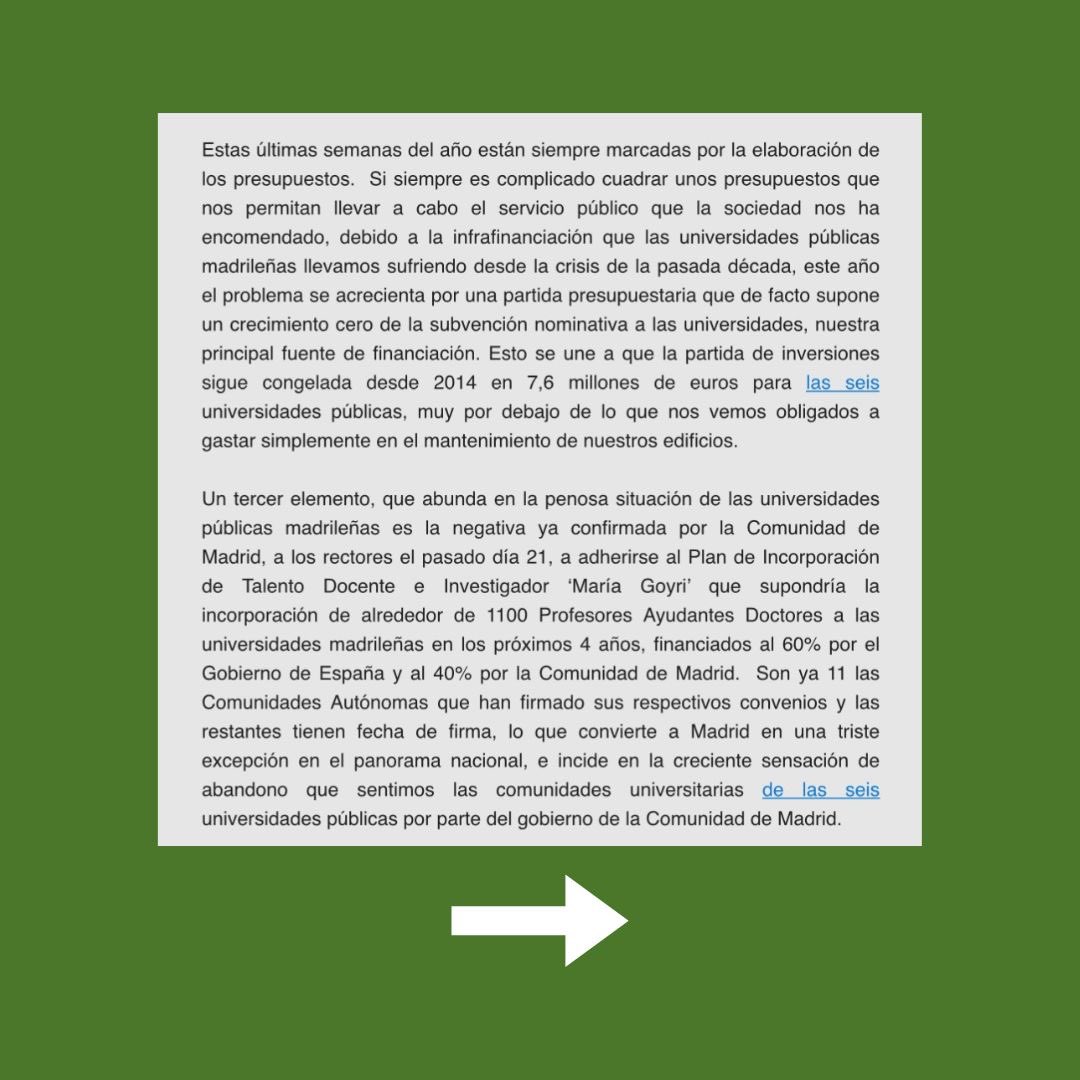 El rectorado no puede más,
las facultades no pueden más,
el profesorado no puede más,
el PAS no puede más,
el alumnado no puede más,
LA UNIVERSIDAD PÚBLICA NO PUEDE MÁS