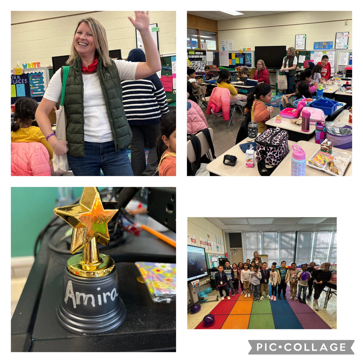 Congratulations to Ms Martin’s 1st graders and Ms. El-Fayoumy’s 2nd graders whose hard work on AMIRA earned them a special lunch bunch with none other than Amira herself!!