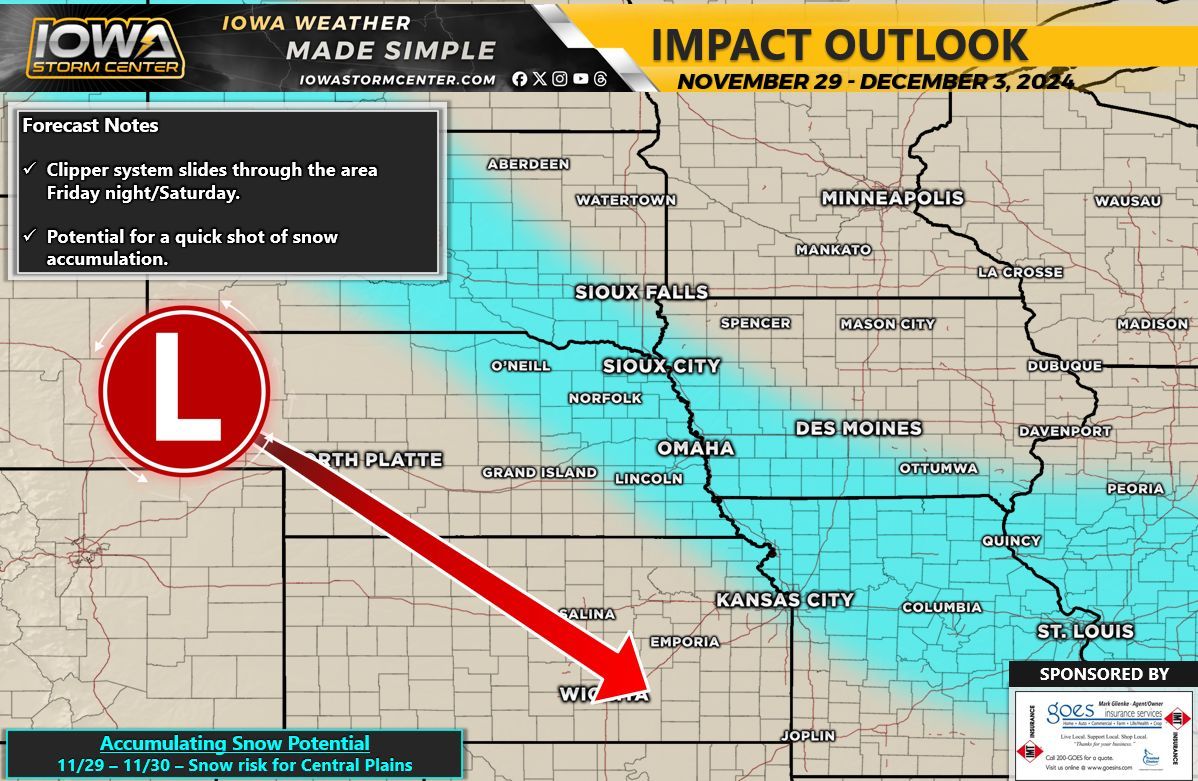 While cold air is dominating the area, a clipper system will swing through the north and central plains Friday night/Saturday with the potential for a quick hitting of snow accumulation.

We have introduced probabilities to highlight this risk over parts of SD/NE/IA/KS/MO/IL