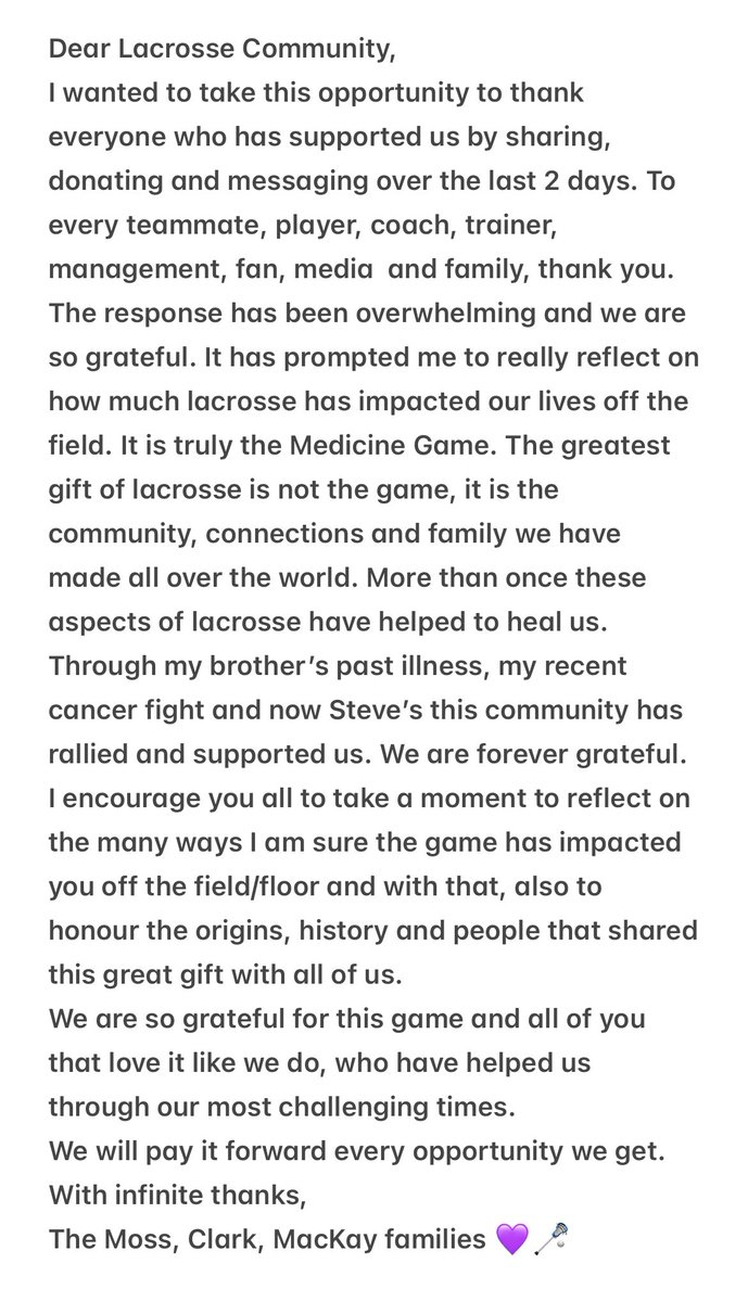 Dear Lacrosse everyone, please see my note of sincere thanks below regarding the overwhelming response to our go fund me for Steve. We reached our goal and can pay for at least his first round of chemo. 💜🥍