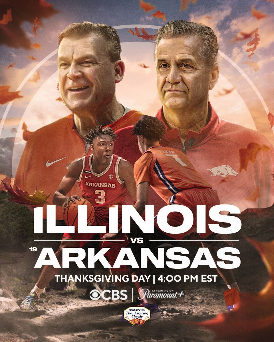 CBS Sports College Basketball ๐ (@cbssportscbb) on Twitter photo Grab the food and watch a Thanksgiving college basketball showdown between <a href="/IlliniMBB/">Illinois Men's Basketball</a> and <a href="/RazorbackMBB/">Arkansas Razorbacks Menโs Basketball ๐</a>.
Donโt miss Illinois vs. Arkansas on Thursday at 4PM ET on <a href="/CBS/">CBS</a> and <a href="/paramountplus/">Paramount+</a>! Grab the food and watch a Thanksgiving college basketball showdown between <a href="/IlliniMBB/">Illinois Men's Basketball</a> and <a href="/RazorbackMBB/">Arkansas Razorbacks Menโs Basketball ๐</a>.
Donโt miss Illinois vs. Arkansas on Thursday at 4PM ET on <a href="/CBS/">CBS</a> and <a href="/paramountplus/">Paramount+</a>!