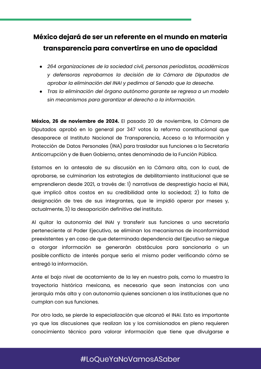 designaciones's tweet image. #LoQueYaNoVamosASaber | 🚨 2⃣6⃣4⃣ organizaciones y personas exigimos al @senadomexicano detener la reforma que pone en riesgo la transparencia y el derecho a saber de todxs con la eliminación del @INAImexico 👇🏾 

#SinCuotasNiCuates