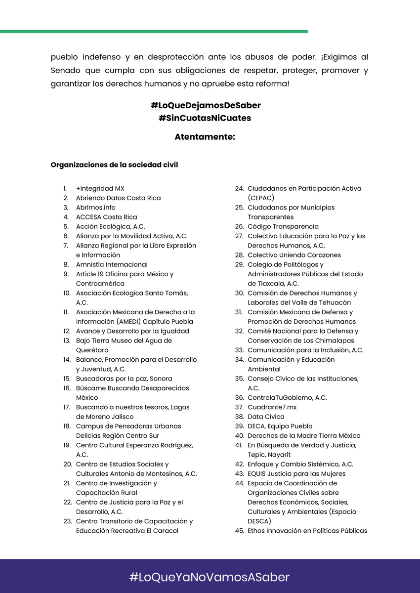 designaciones's tweet image. #LoQueYaNoVamosASaber | 🚨 2⃣6⃣4⃣ organizaciones y personas exigimos al @senadomexicano detener la reforma que pone en riesgo la transparencia y el derecho a saber de todxs con la eliminación del @INAImexico 👇🏾 

#SinCuotasNiCuates