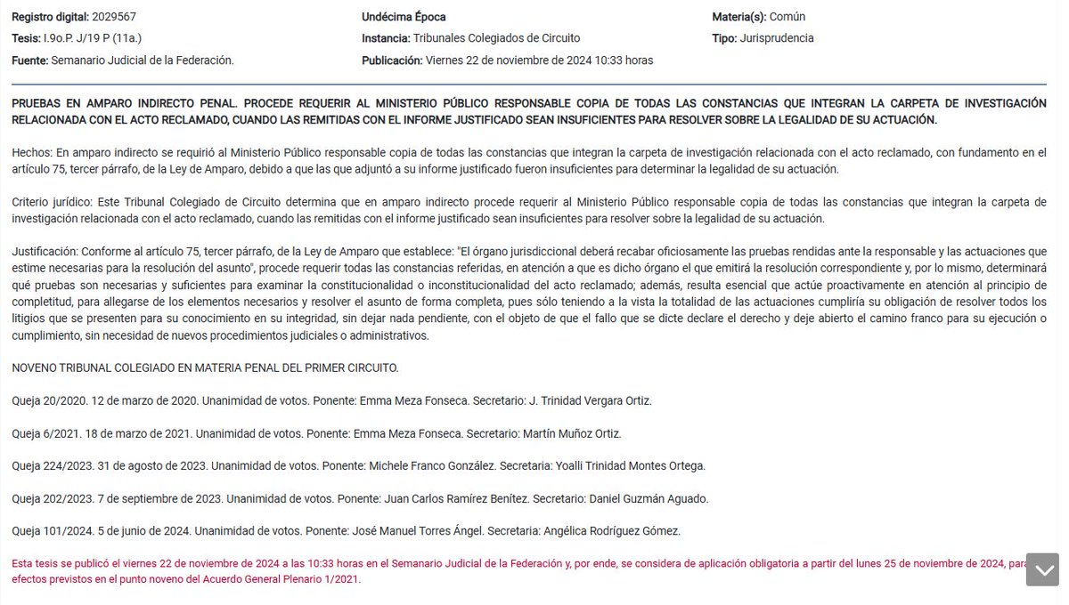 JonathanLpezTor's tweet image. ✅Jurisprudencia publicada el viernes pasado:

#PRUEBAS EN AMPARO INDIRECTO PENAL. #PROCEDE REQUERIR AL #MP COPIA DE TODAS LAS CONSTANCIAS QUE INTEGRAN LA CARPETA DE INVESTIGACIÓN...