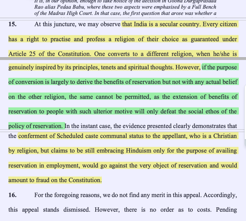 BIG ⚡️⚡️Supreme Court: Converting to a religion to derive benefits of reservation without any actual belief would only defeat the social ethos of policy of reservation &amp; would amount to 'fraud on the Constitution'.

SC rejects a woman’s plea for Scheduled Caste Certificate after