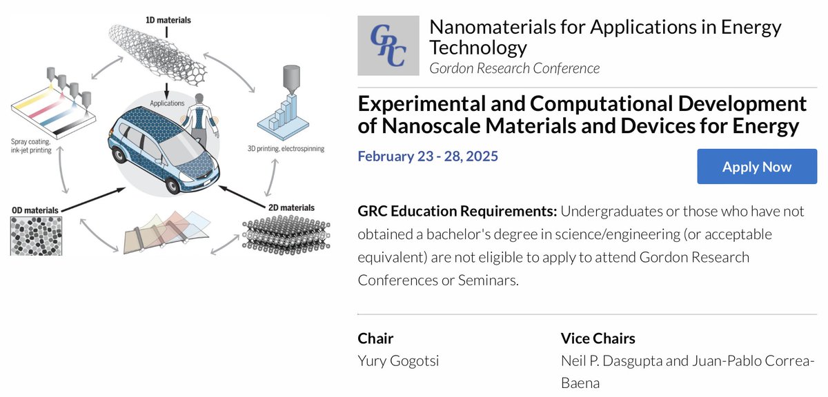 I invite you to apply for the upcoming 2025 Nanomaterials for Applications in Energy Technology Gordon Research Conference, taking place February 23 – 28, 2025, at the Ventura Beach Marriott in Ventura, California.  Please repost and spread the word. 
grc.org/nanomaterials-…